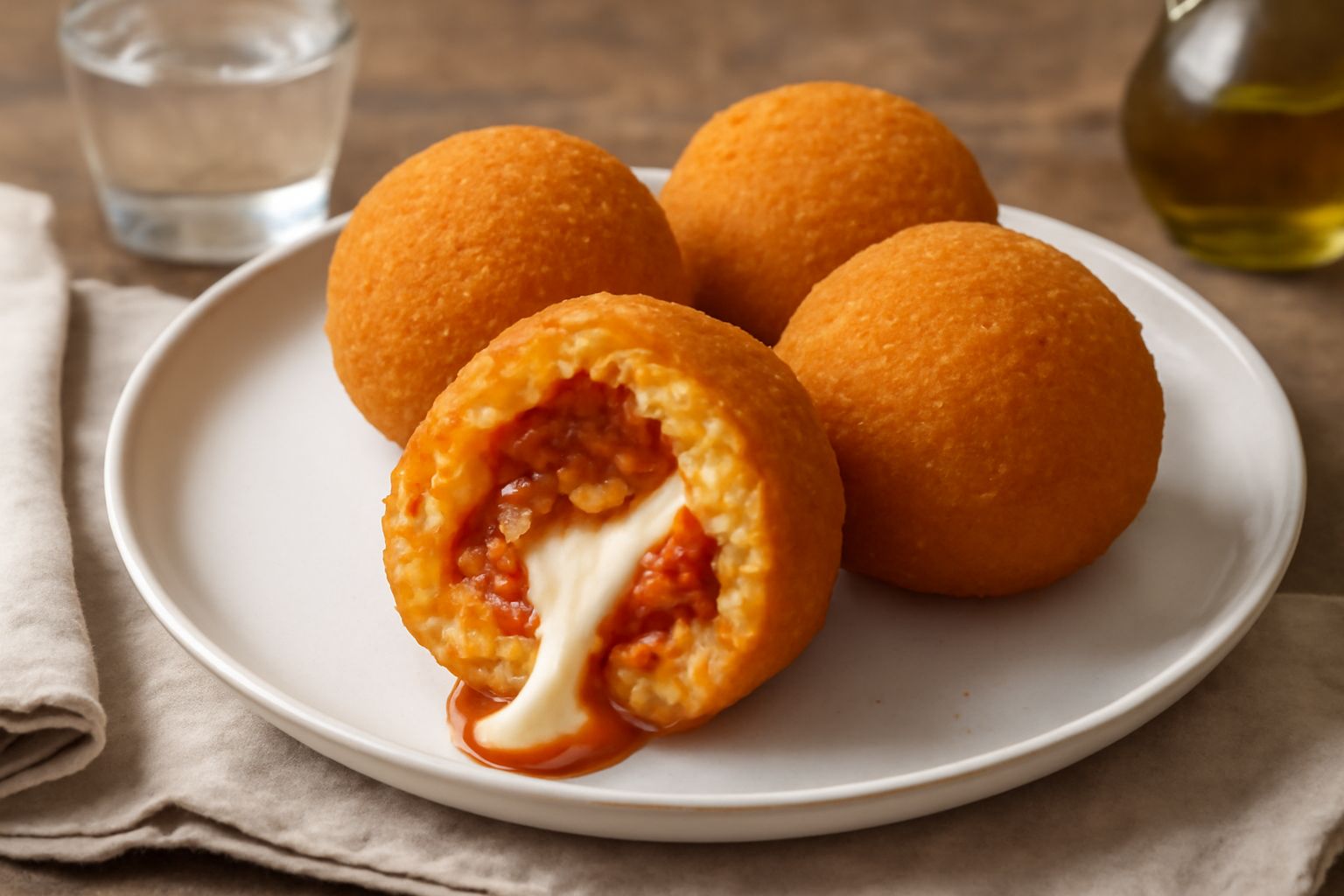 Arancini dorati e croccanti disposti su un piatto bianco, tagliato uno a metà per mostrare il ripieno di ragù e mozzarella filante, con pezzi di prezzemolo verde ai lati