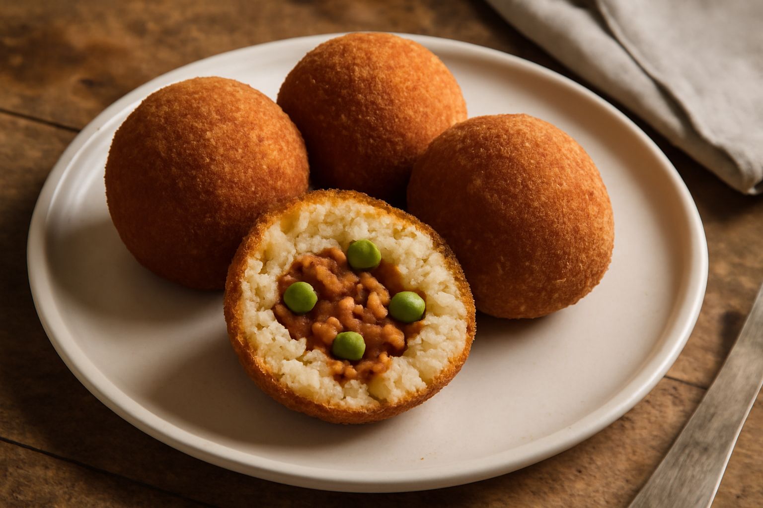 Tre arancini di riso dorati, sezionati per mostrare il ripieno di ragù e piselli, poggiati su un piatto bianco con contorno di limone