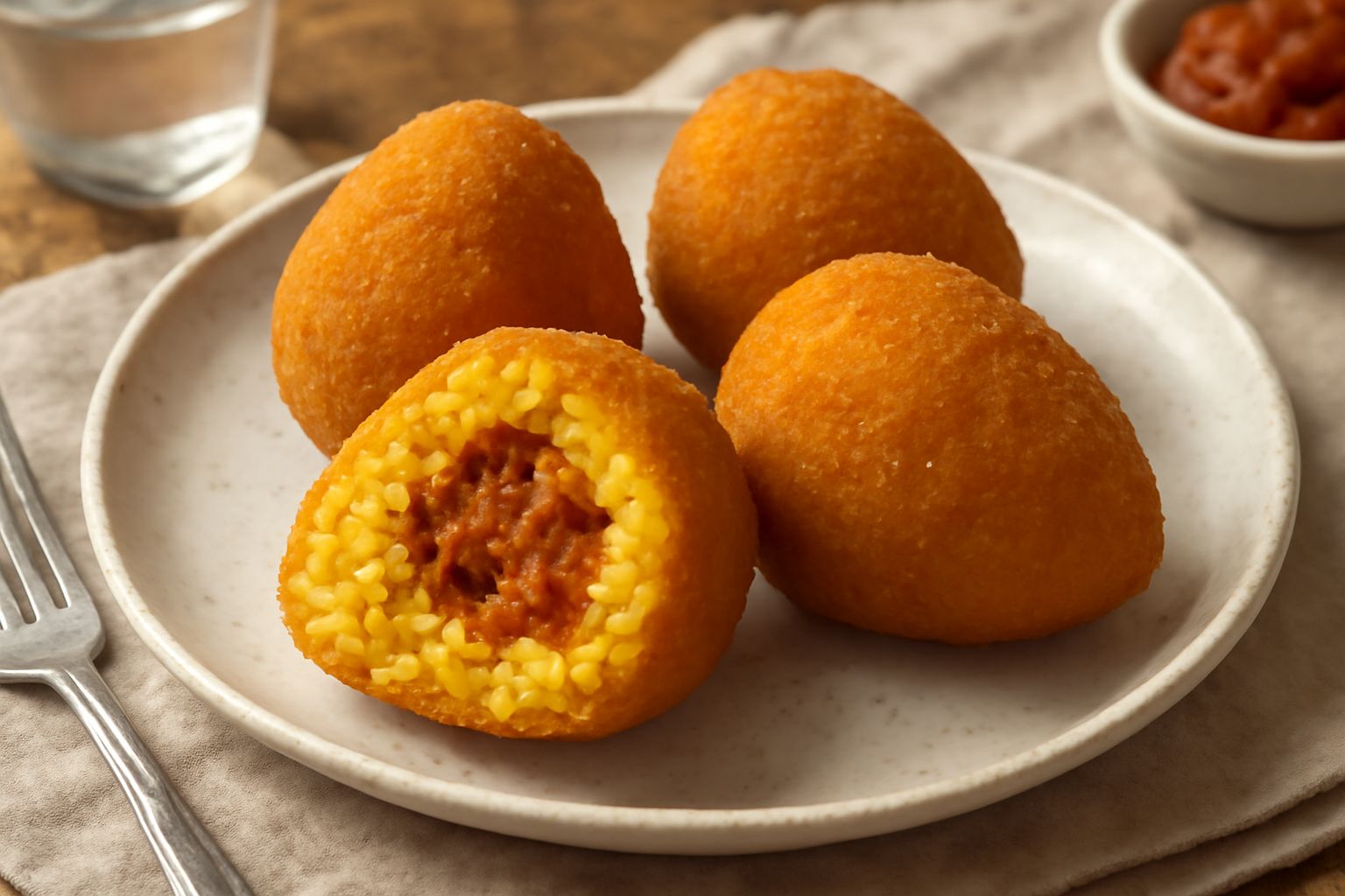 Arancini dorati e croccanti appena fritti, tagliati a metà per mostrare il ripieno di ragù e burro all interno, su piatto bianco con limone fresco
