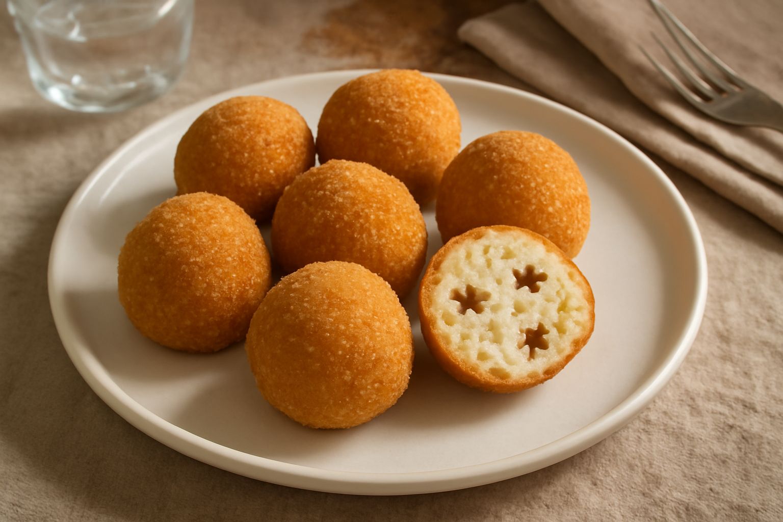 Quattro arancini dolci tondi e dorati, ricoperti di pangrattato, appoggiati su un piatto bianco. Sfondo di riso crudo e uvetta sparse, una mela rossa sfuocata sullo sfondo della tavola in legno chiaro