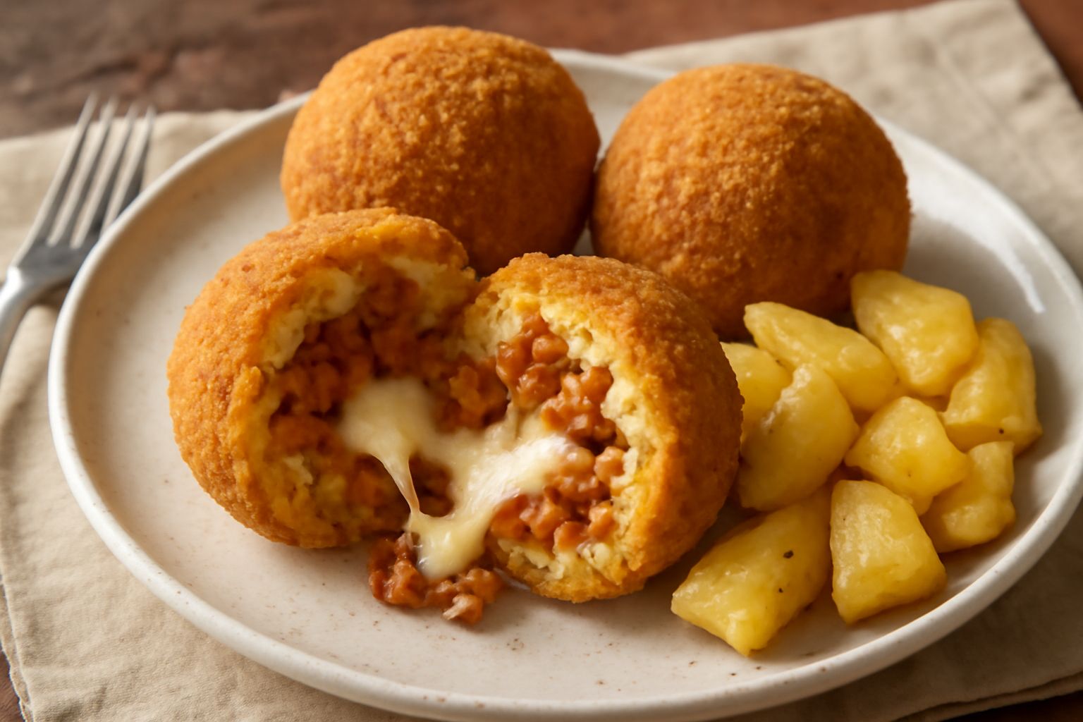 Tre arancini dorati a forma di cupola su piatto bianco, crosta croccante visibile, metà di uno aperto che mostra il ripieno di patate e ragù cremoso, contorno di insalata verde