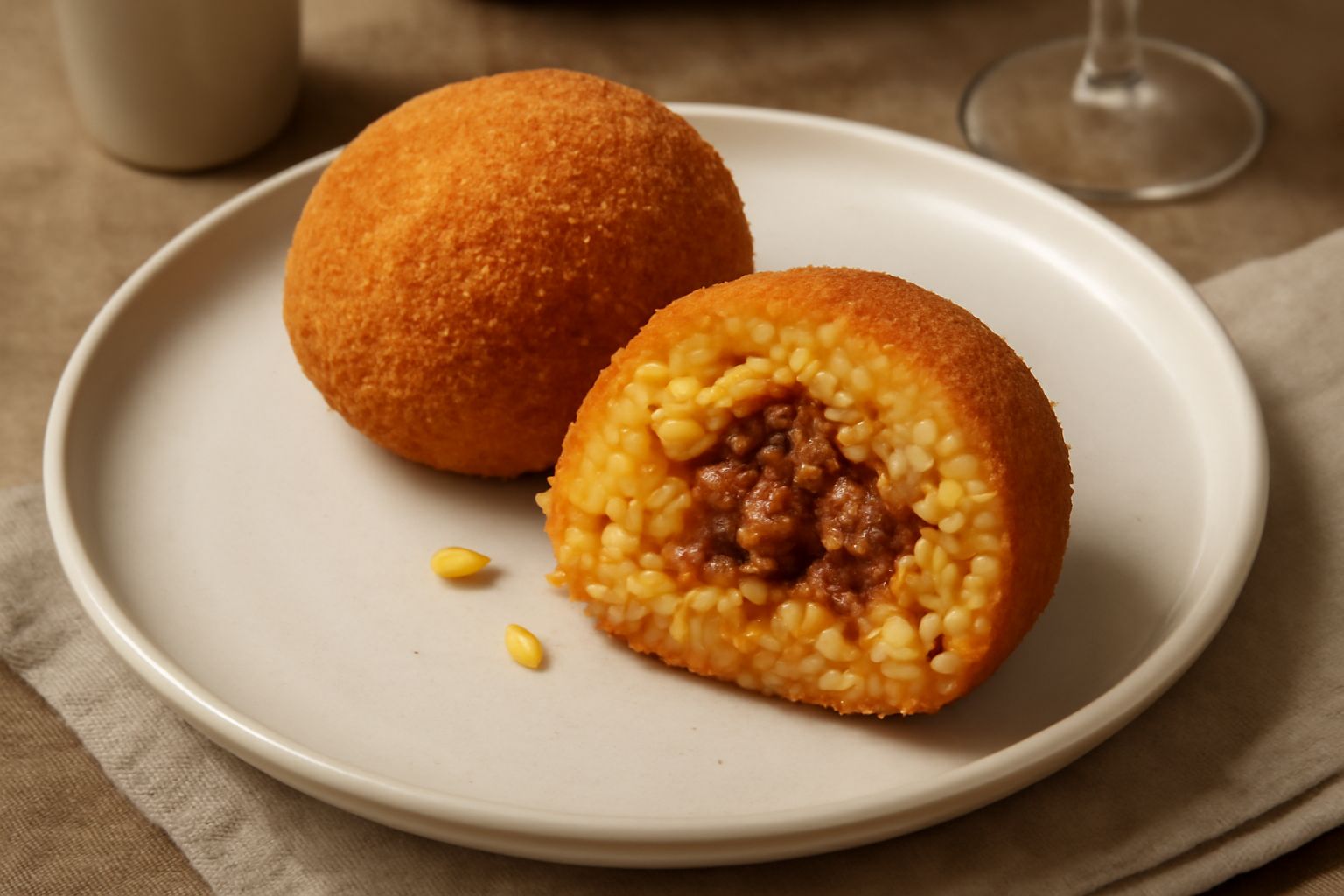 Tre arancini emiliani dorati appena fritti, tagliati a metà per mostrare il ripieno di ragù e burro fuso al centro, su un piatto bianco con carta assorbente