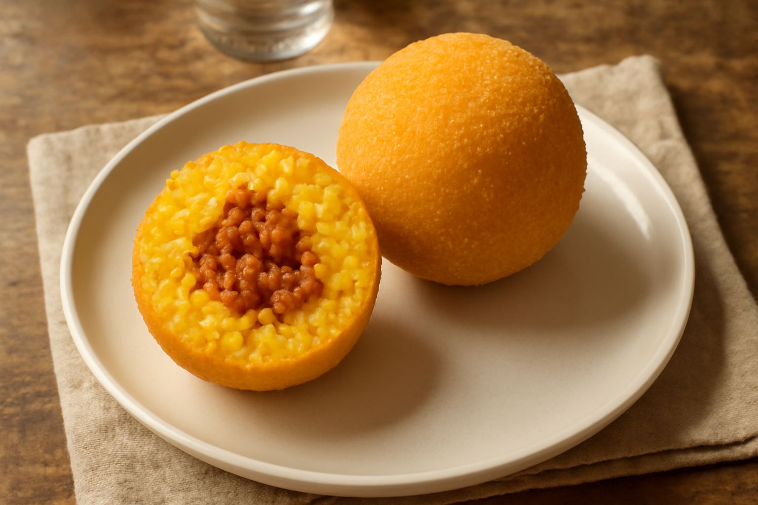 Tre arancini tondi e dorati disposti su un piatto bianco, con panatura croccante uniforme, affettati per mostrare il ripieno giallo-bianco e marrone del riso e ragù all'interno