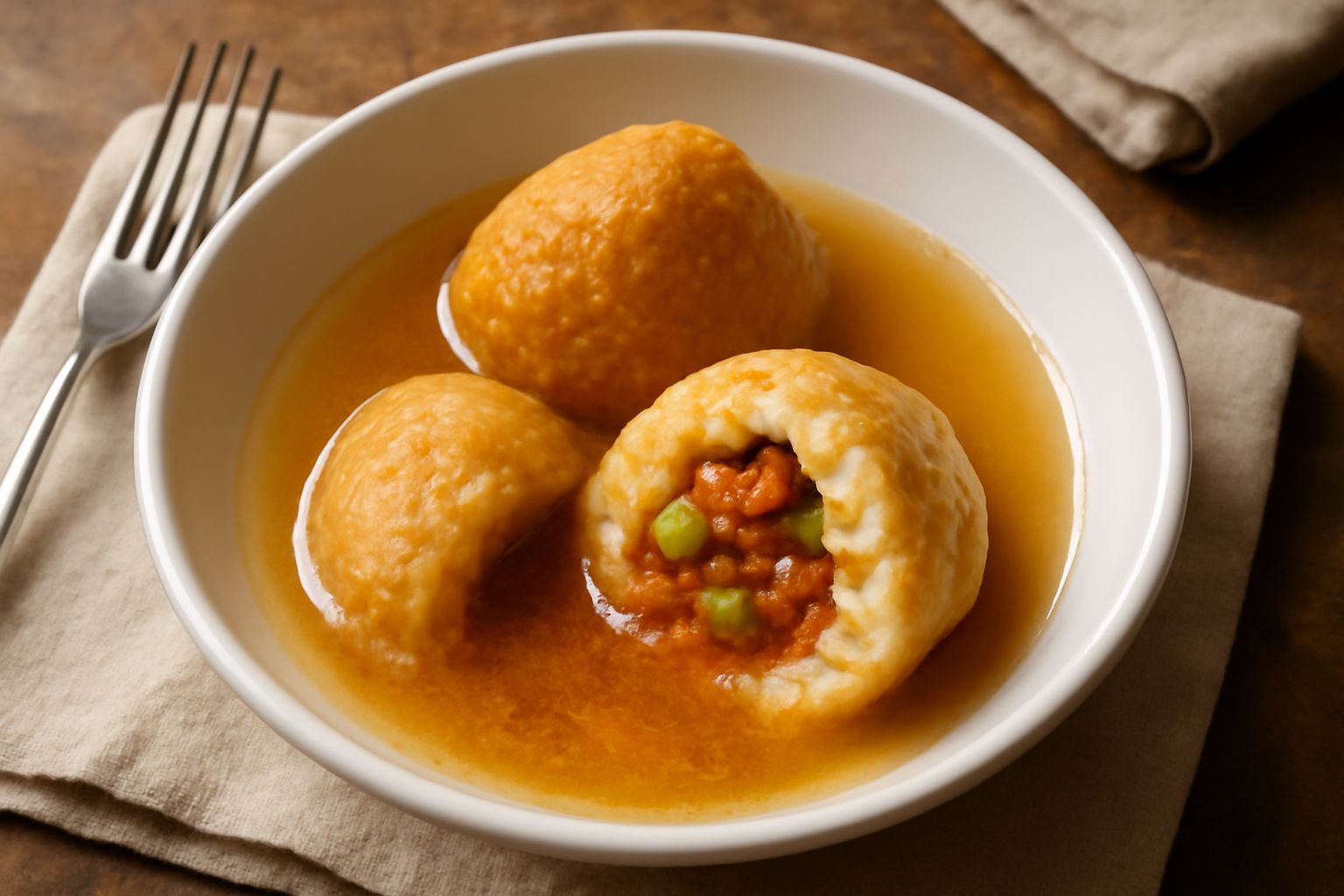 Scodella bianca con tre arancini tondi immersi in brodo chiaro e fumante, riso dorato visibile in superficie, con piselli verdi sparse qua e là, vapore leggero sopra il brodo