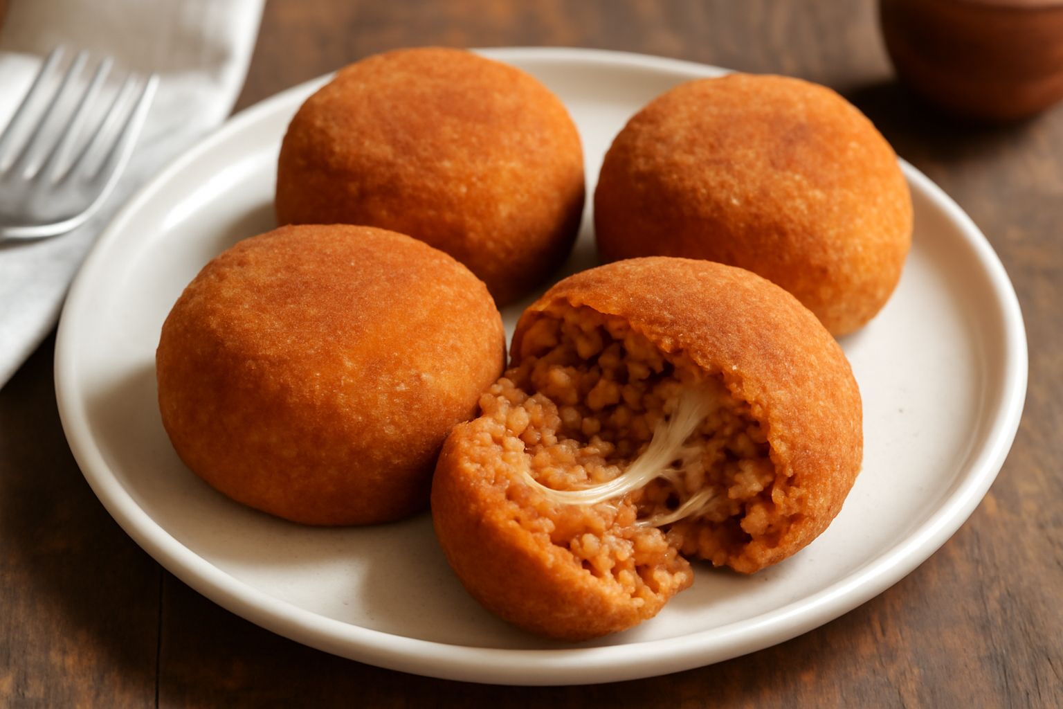 Tre arancini marchigiani dorati e croccanti disposti su un piatto bianco, tagliato uno in due per mostrare il ragù interno e la mozzarella filante, con sedano e carota accanto