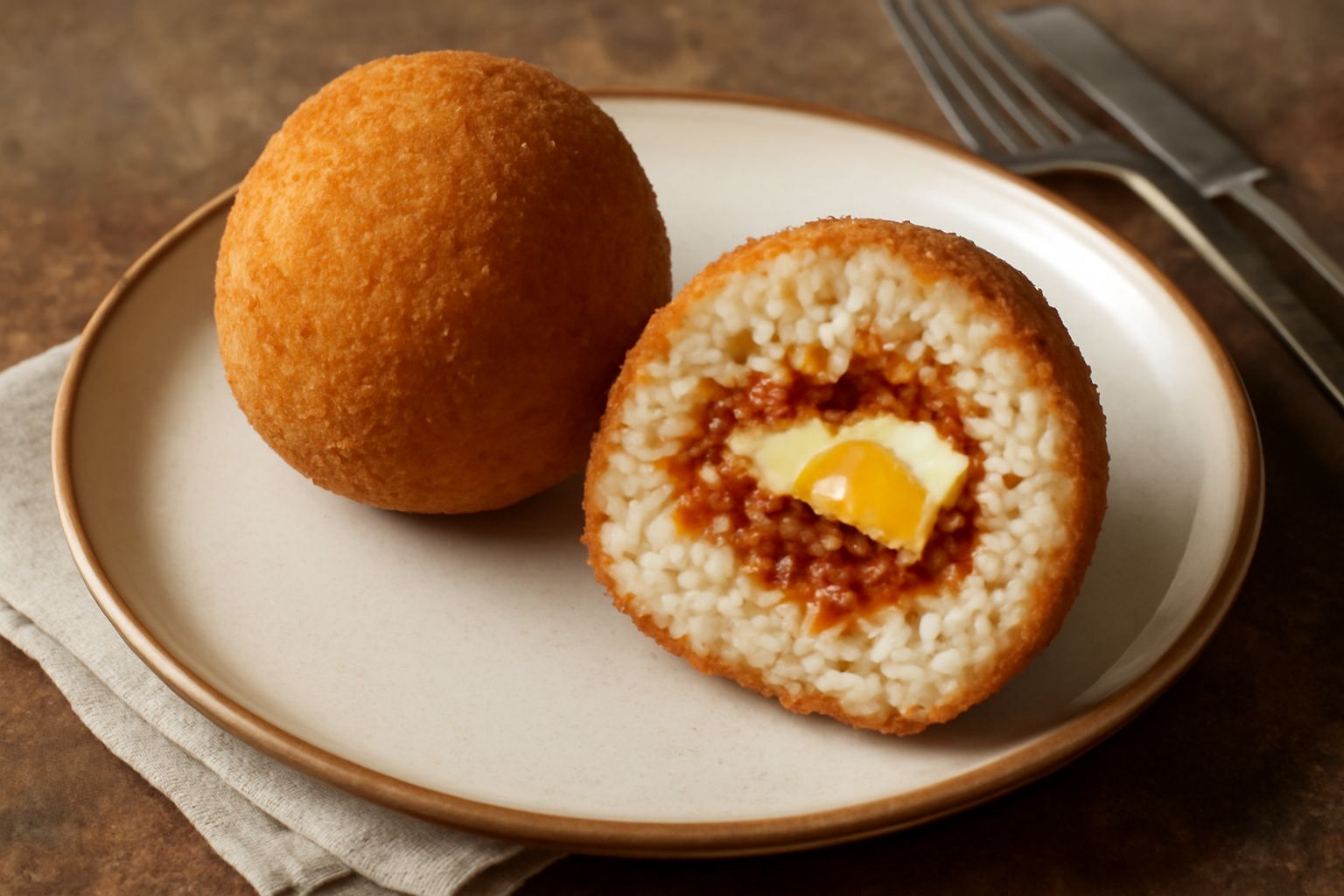 Tre arancini messinesi dorati e croccanti posti su un piatto bianco, tagliati a metà per mostrare il ripieno di ragù, burro e formaggio all'interno, con vapore ancora visibile dalla polpa di riso cald