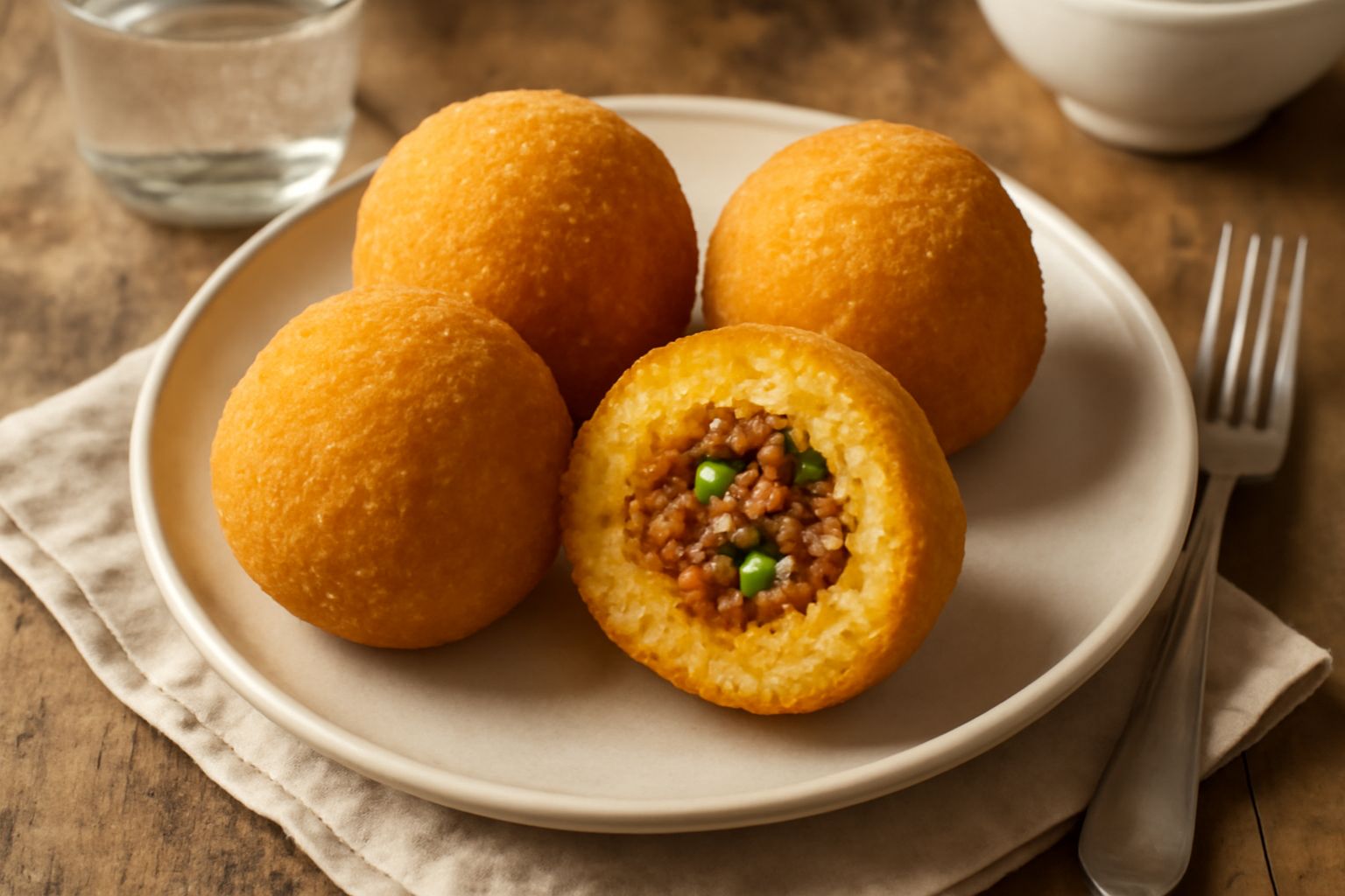 Tre arancini molisani dorati e croccanti disposti su un piatto bianco con contorno di ragù di carne, visibili le tracce della panatura croccante e il riso dorato all'interno