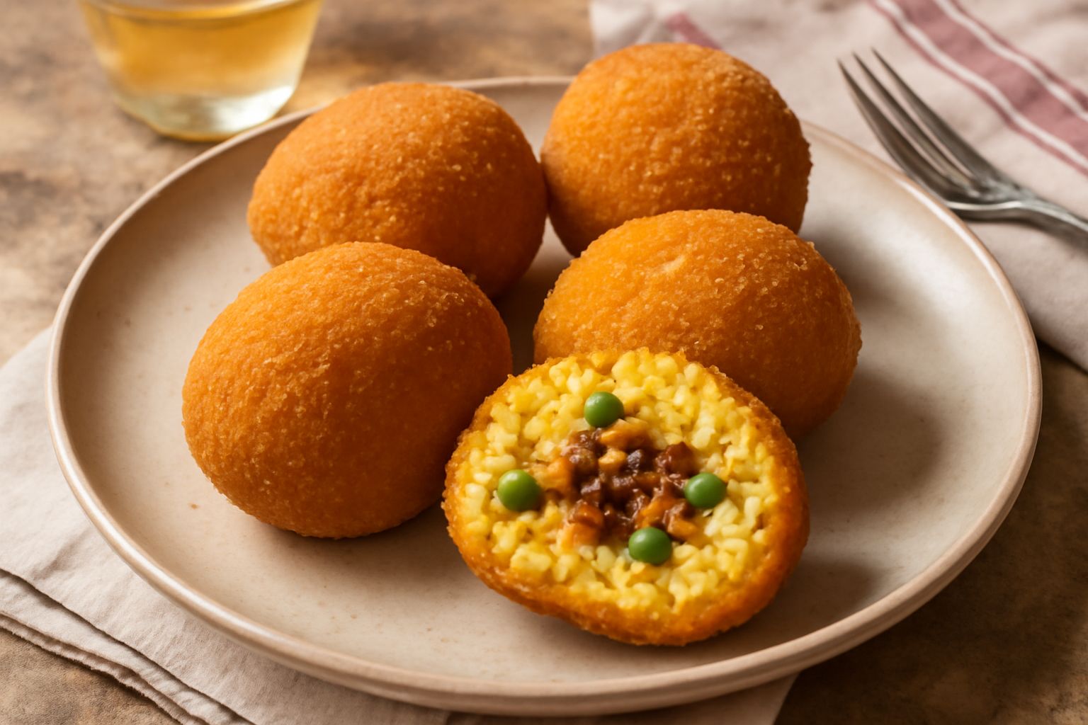Tre arancini piacentini dorati e croccanti appena fritti, disposti su carta assorbente bianca, con taglio trasversale che mostra il ripieno di ragù e piselli gialli