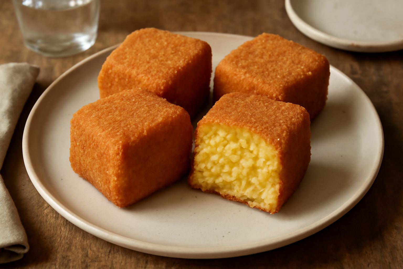 Arancini quadrati fritti color oro su piatto bianco con superficie croccante lucida, taglio netto a 90 gradi, vapore che sale dalla superficie calda