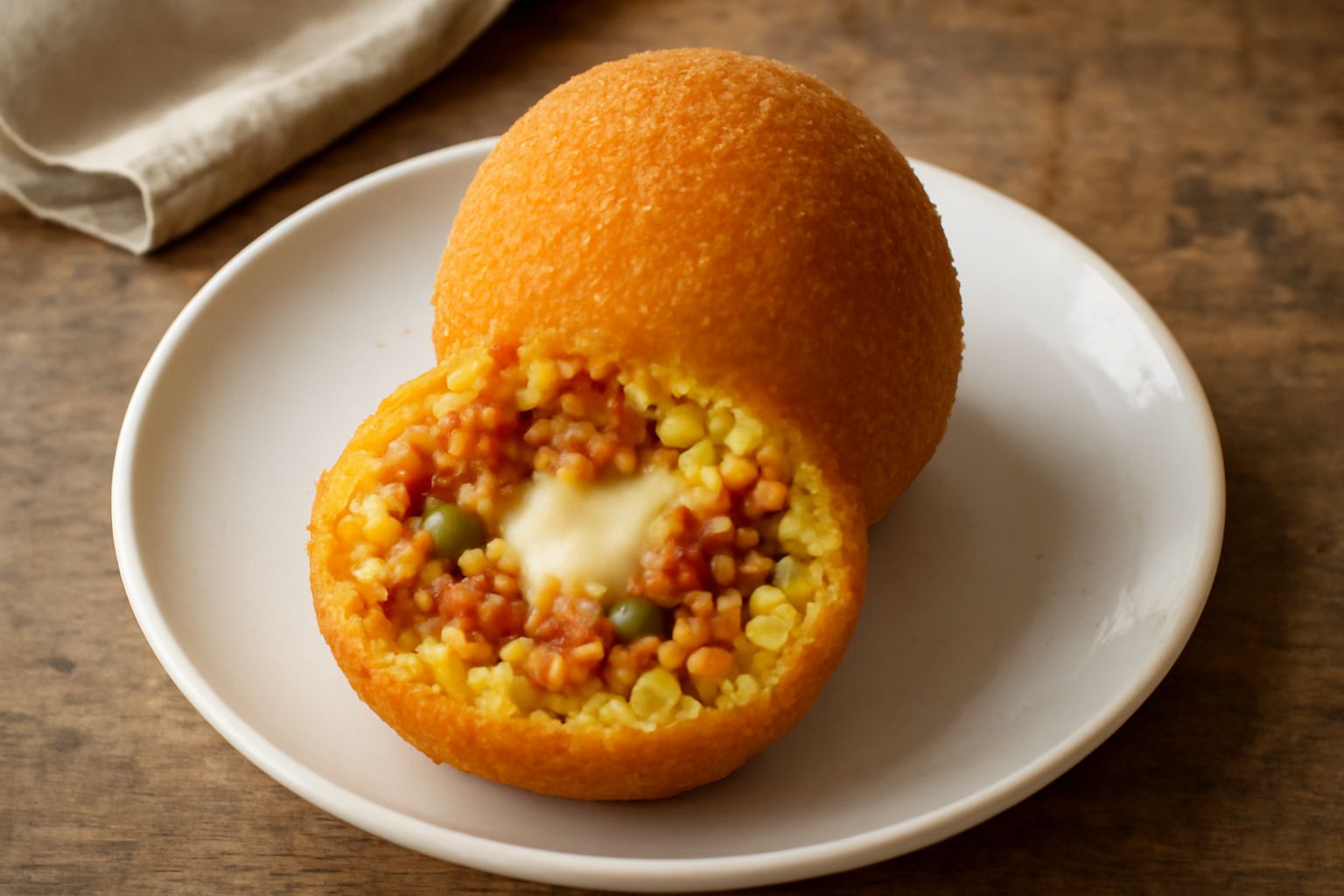 Arancini siciliani dorati e croccanti, a forma di palla, con panatura marrone chiaro, tagliato a metà per mostrare il ripieno di ragù rosso e piselli verdi, serviti su un piatto bianco