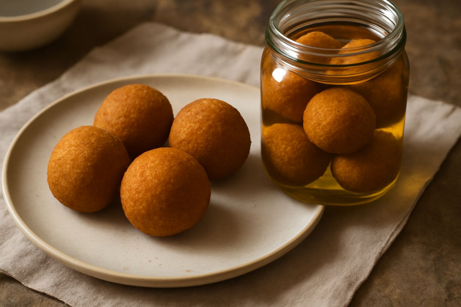 Arancini dorati e sferici disposti verticalmente dentro un barattolo di vetro trasparente pieno di olio d'oliva limpido, con sfondo bianco e poche gocce d'olio attorno al contenitore