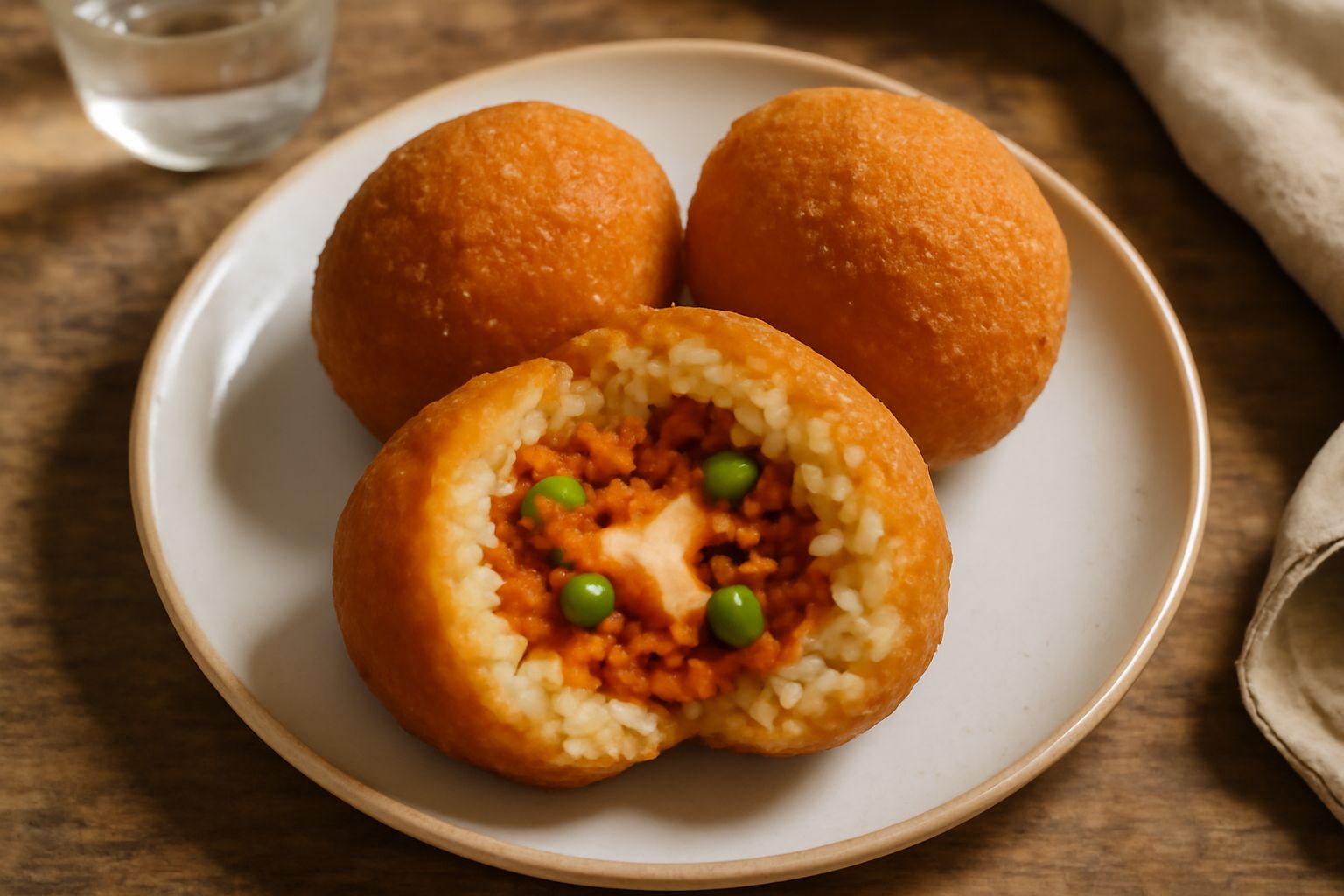 Tre arancini tarantini dorati e croccanti disposti su un piatto bianco, con spaccatura visibile del ripieno al ragù rosso interno e piselli verdi, contornati da un rametto di prezzemolo fresco