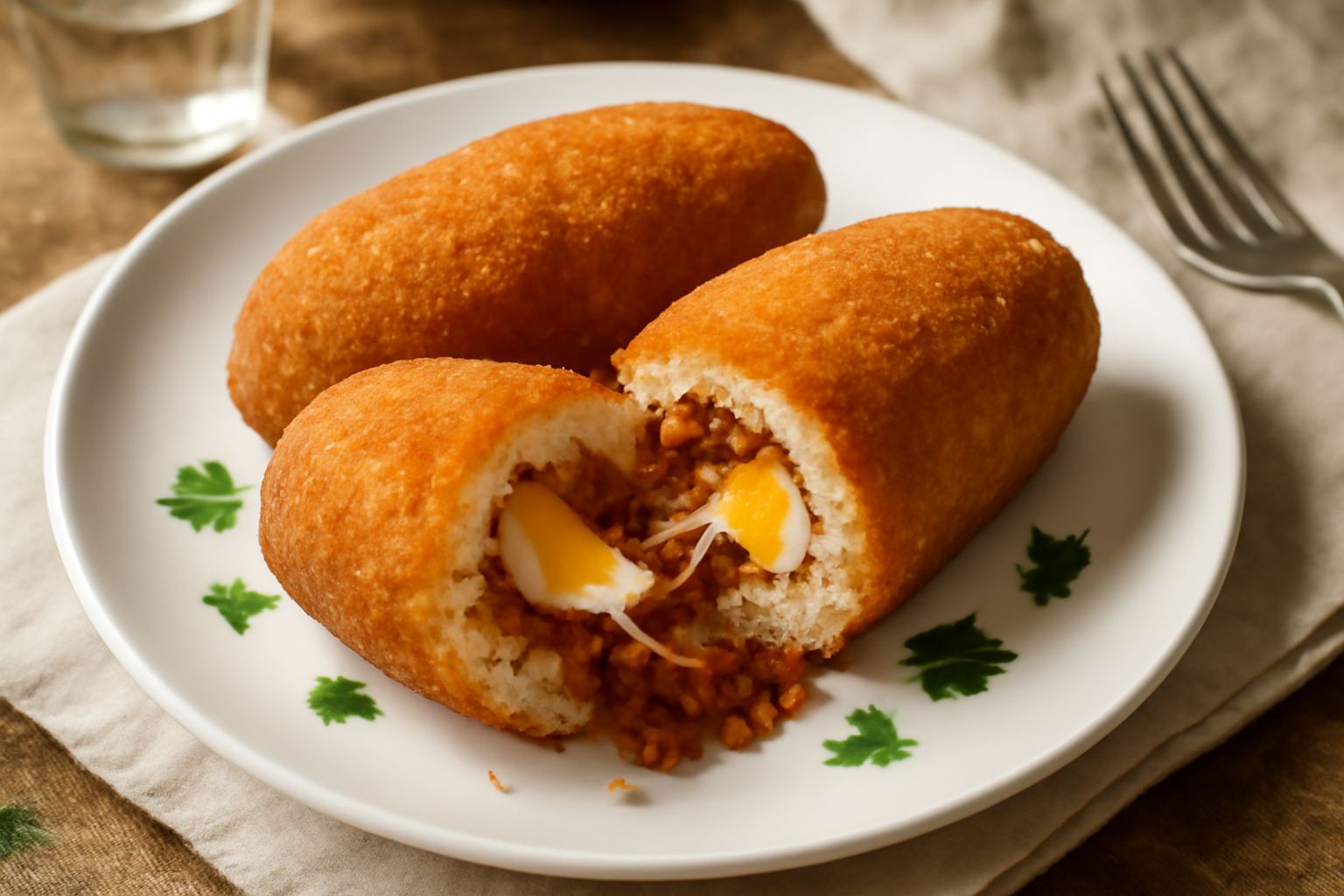 Tre arancini veneti dorati e croccanti disposti su piatto bianco, interi e tagliati a metà per mostrare il ripieno di ragù rosso, formaggio filante e uovo sodo giallo al centro