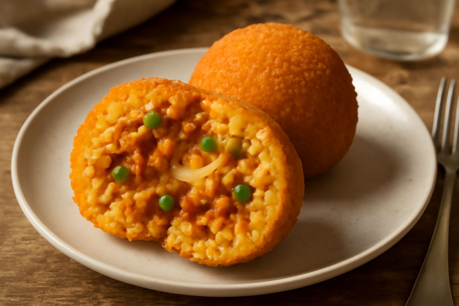 Tre arancini tondi e dorati disposti su un piatto bianco con una ciotola di ragù rosso e un ramo di prezzemolo fresco