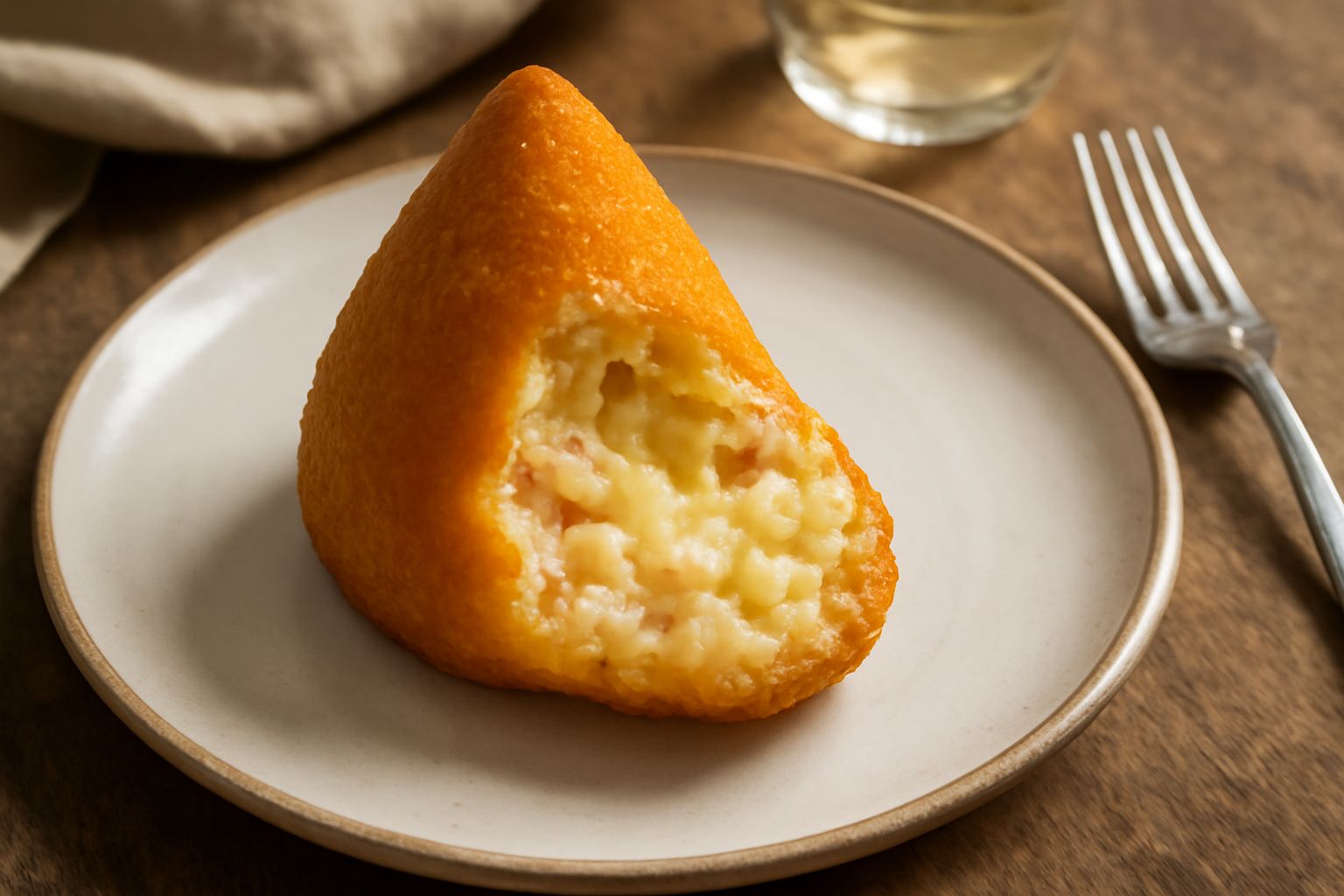 Arancino al burro dorato e croccante, tagliato a metà per mostrare il ripieno di ragù, piselli e mozzarella filante, su piatto bianco