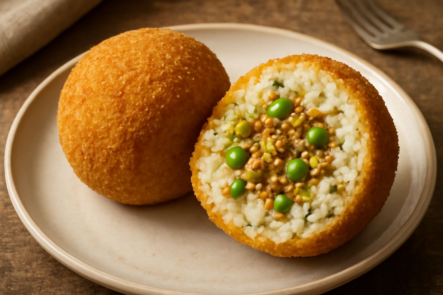 Un arancino al pistacchio dorato tagliato a metà su un piatto bianco, si vede il ripieno cremoso di riso bianco con ragù marrone, piselli verdi e granelli di pistacchio verde, accompagnato da un ramo 