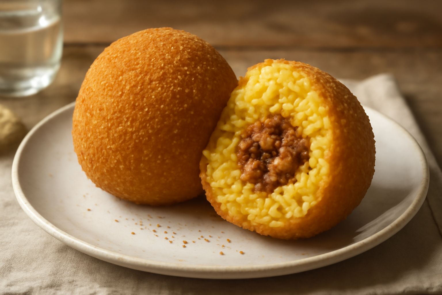 Arancino al ragù dorato e sferico, appena fritto, adagiato su un piatto bianco con una fetta tagliata che mostra il ripieno di ragù e formaggio fuso all'interno, contornato da salsa di pomodoro fresca
