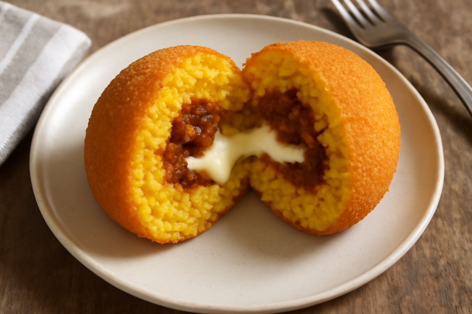 Arancino all'uovo dorato e croccante in primo piano, spezzato a metà per mostrare il ripieno cremoso con ragù, mozzarella bianca e l'uovo giallo al centro, su un piatto bianco