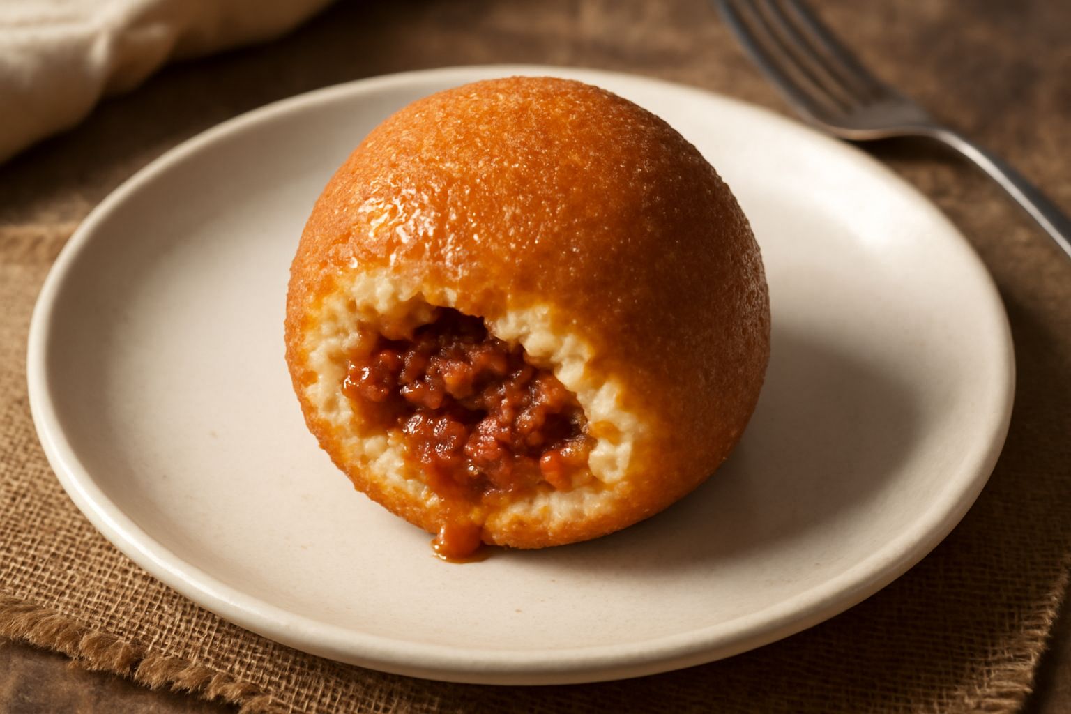 Tre arancini calabresi dorati e croccanti disposti nel piatto, tagliato uno a metà per mostrare il ripieno di ragù marrone e formaggio filante, con il riso bianco in evidenza