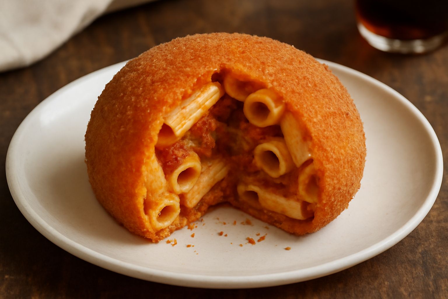 Arancino di pasta tagliato a metà, mostra il ripieno di ragù e mozzarella filante, appoggiato su un piatto bianco con salsa di pomodoro intorno