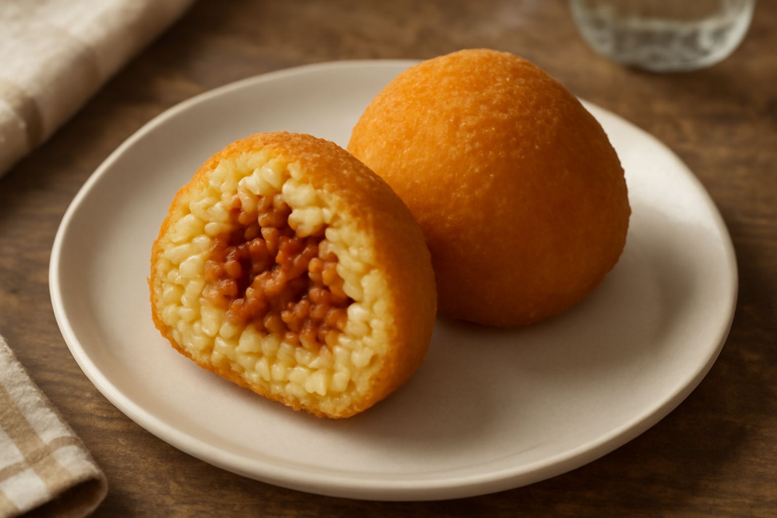 Tre arancini palermitani triangolari, dorati e croccanti, disposti su un piatto bianco con una fetta di limone e una piccola ciotola di sugo di pomodoro accanto