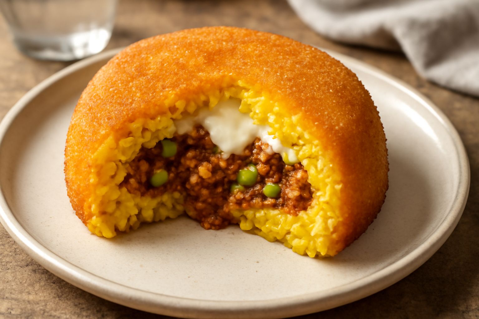 Arancino ragusano appiattito e dorato, tagliato a metà per mostrare il ripieno di ragù e piselli cremoso nel centro, servito su un piatto bianco con un cucchiaio accanto