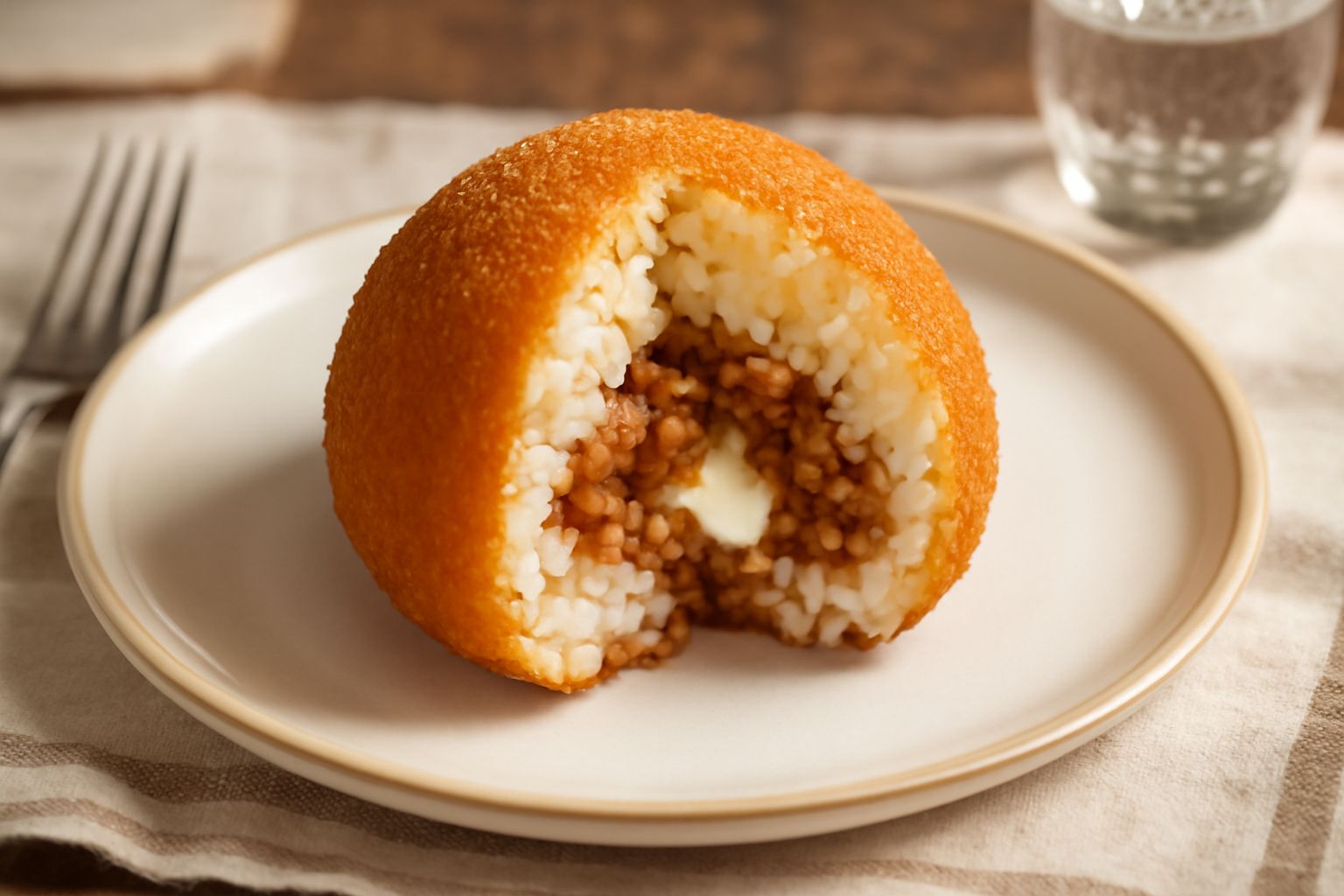 Arancino romano tagliato a metà su piatto bianco, che mostra il riso dorato all'interno, il ragù rosso scuro e la mozzarella filante, con panatura croccante marrone all'esterno