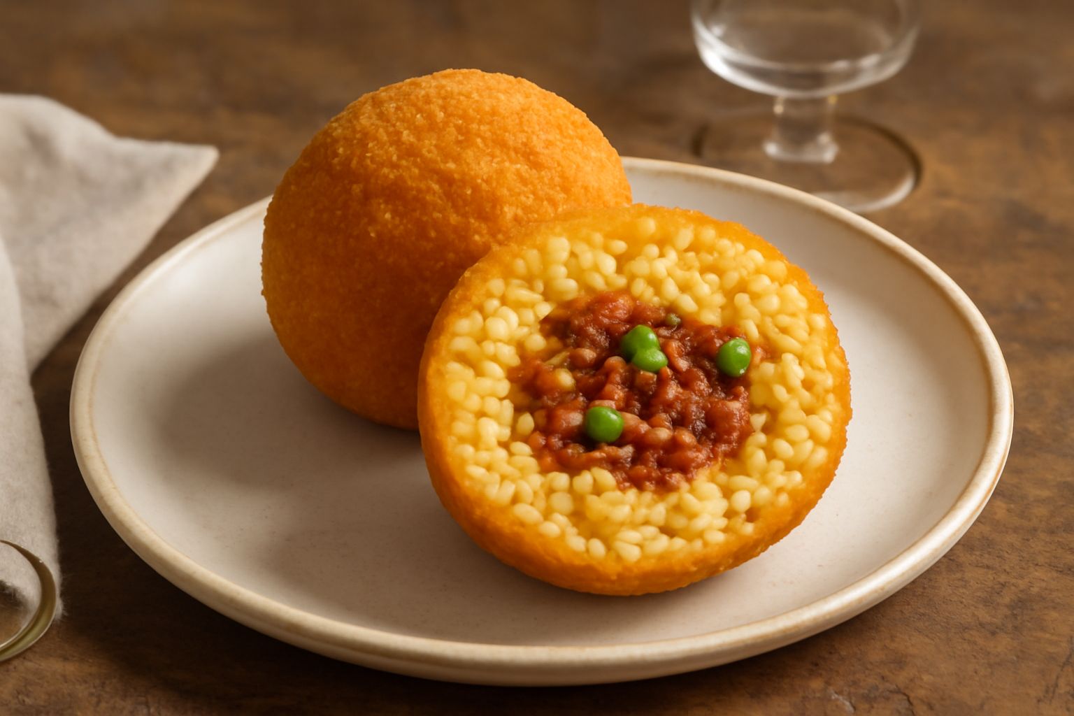 Tre arancini siciliani dorati e croccanti disposti su un piatto bianco, uno tagliato a metà che mostra il ripieno di ragù rosso, piselli verdi e formaggio filante, con una salsa rossa sul bordo del pi