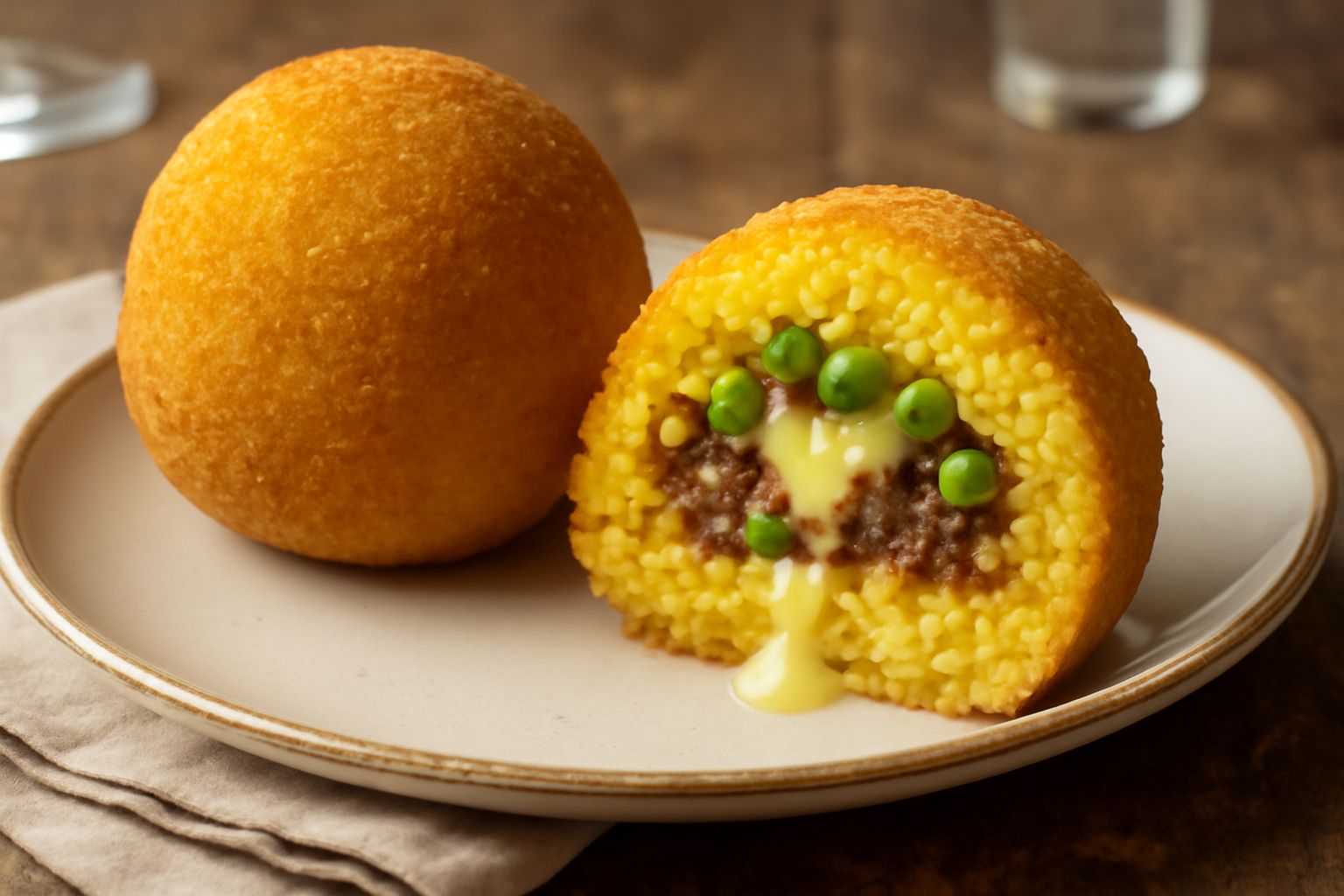 Tre arancini dorati e croccanti in piatto bianco, tagliati a metà per mostrare il ripieno giallo di riso con ragù, burro fuso e piselli verdi brillanti
