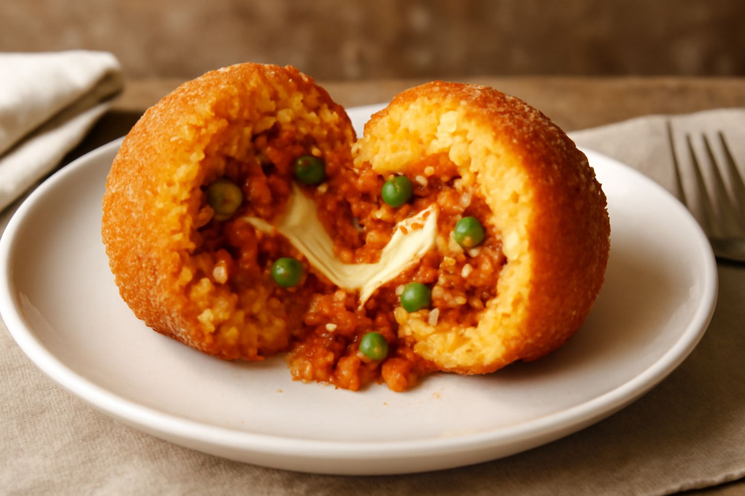 Arancino siciliano dorato e croccante tagliato a metà, che mostra il ripieno di ragù di carne, piselli verdi e formaggio filante al centro, posato su carta bianca
