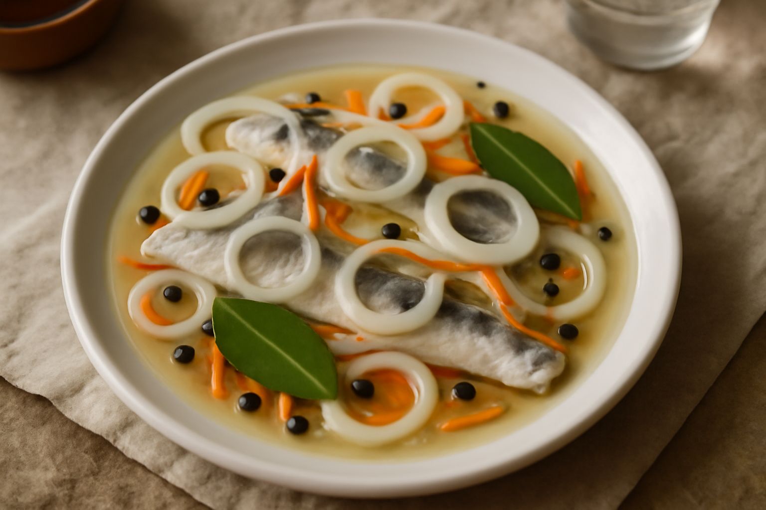 Arenghe marinate in barattolo di vetro: filetti di pesce color argento e rosa, immerse in liquido trasparente con fettine di cipolla bianca e carota arancione, limone giallo tagliato in rondelle, gran