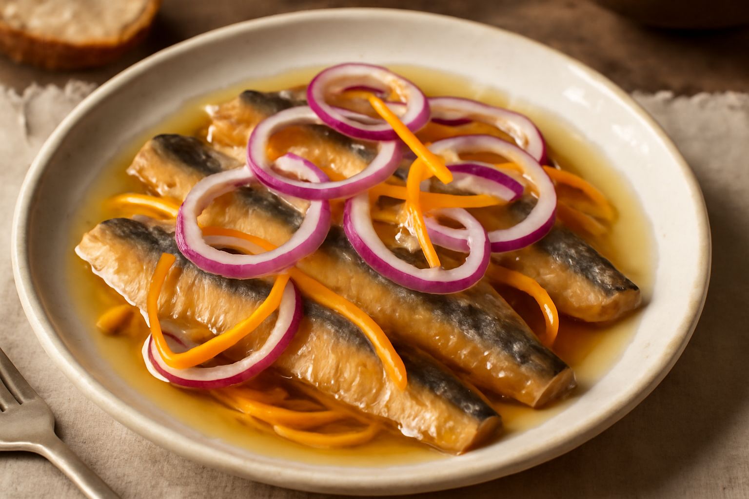Aringhe affumicate intere e tagliate a pezzi in una ciotola di ceramica bianca con marinatura trasparente, cipolle rosse affettate, carote julienne e semi di senape visibili, disposti su un piatto da 