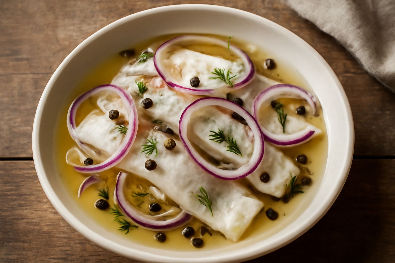 Filetti di aringa marinata in un piatto bianco, disposti a ventaglio, con marinade color ambrato, cipolla rossa affettata sottile, pepe nero e rametti di aneto fresco
