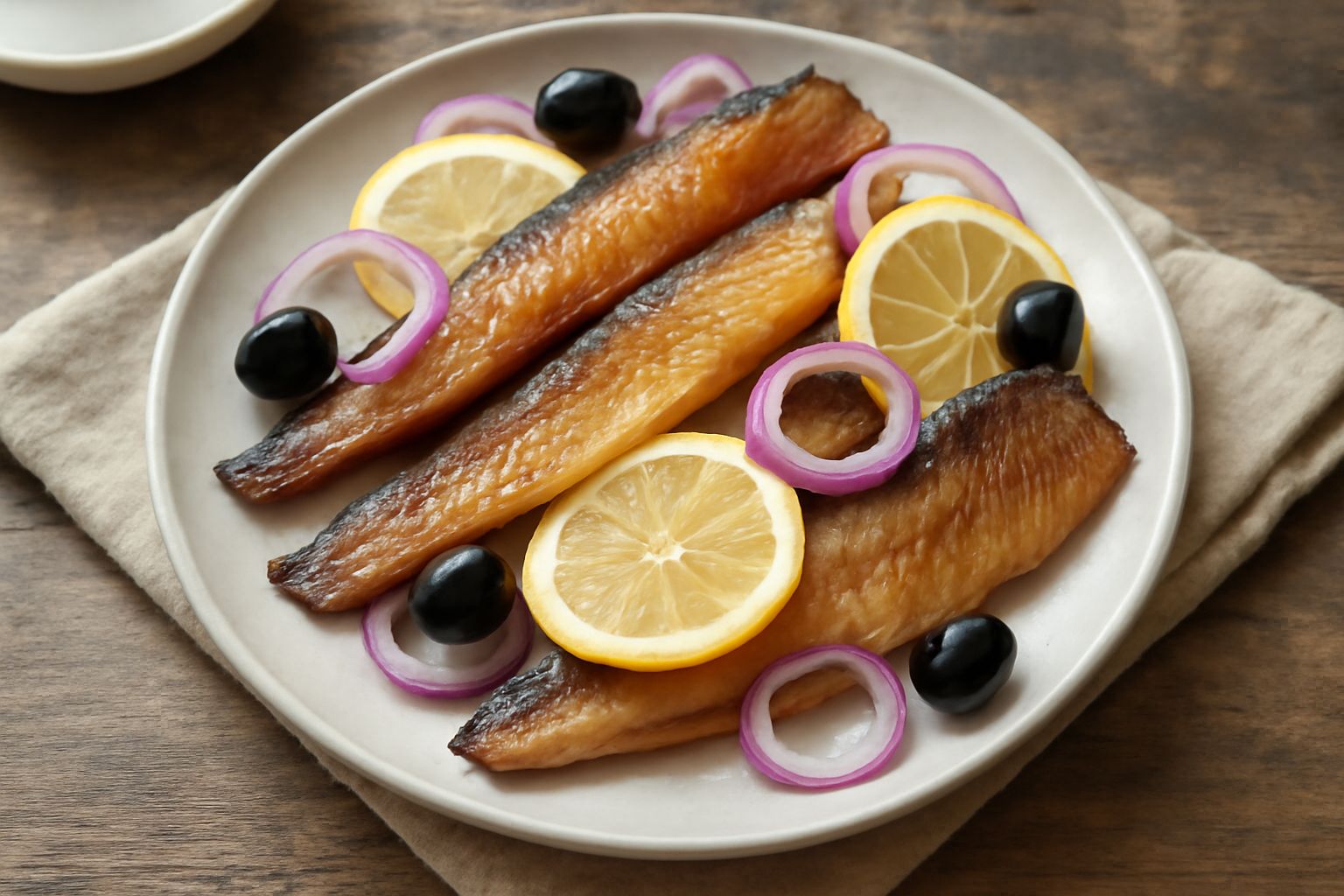 Filetti di aringa affumicata disposti su un piatto bianco con anelli di cipolla rossa, limone tagliato a fette, pane nero tostato e olive verdi, su sfondo di legno chiaro