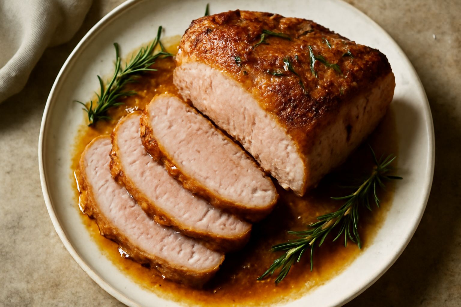 Arista di maiale dorata e croccante in superficie, tagliata a fette nel piatto bianco, contornata da rosmarino fresco e aglio, con sugo di cottura scuro ai bordi