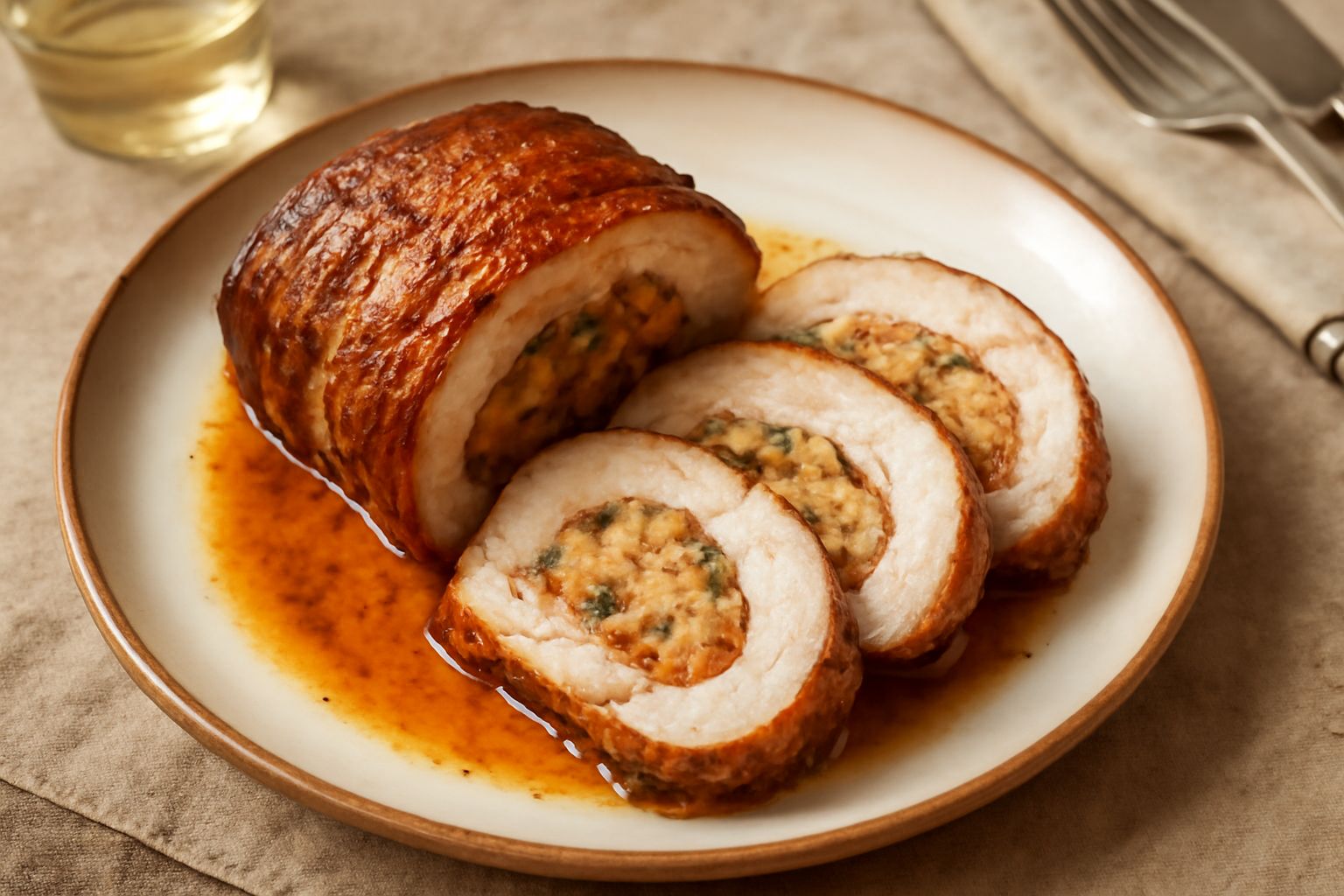 Arista di maiale affettata su piatto bianco, carne dorata e tenera con ripieno di pane raffermo visibile nelle fette, contorno di patate al forno sfumate