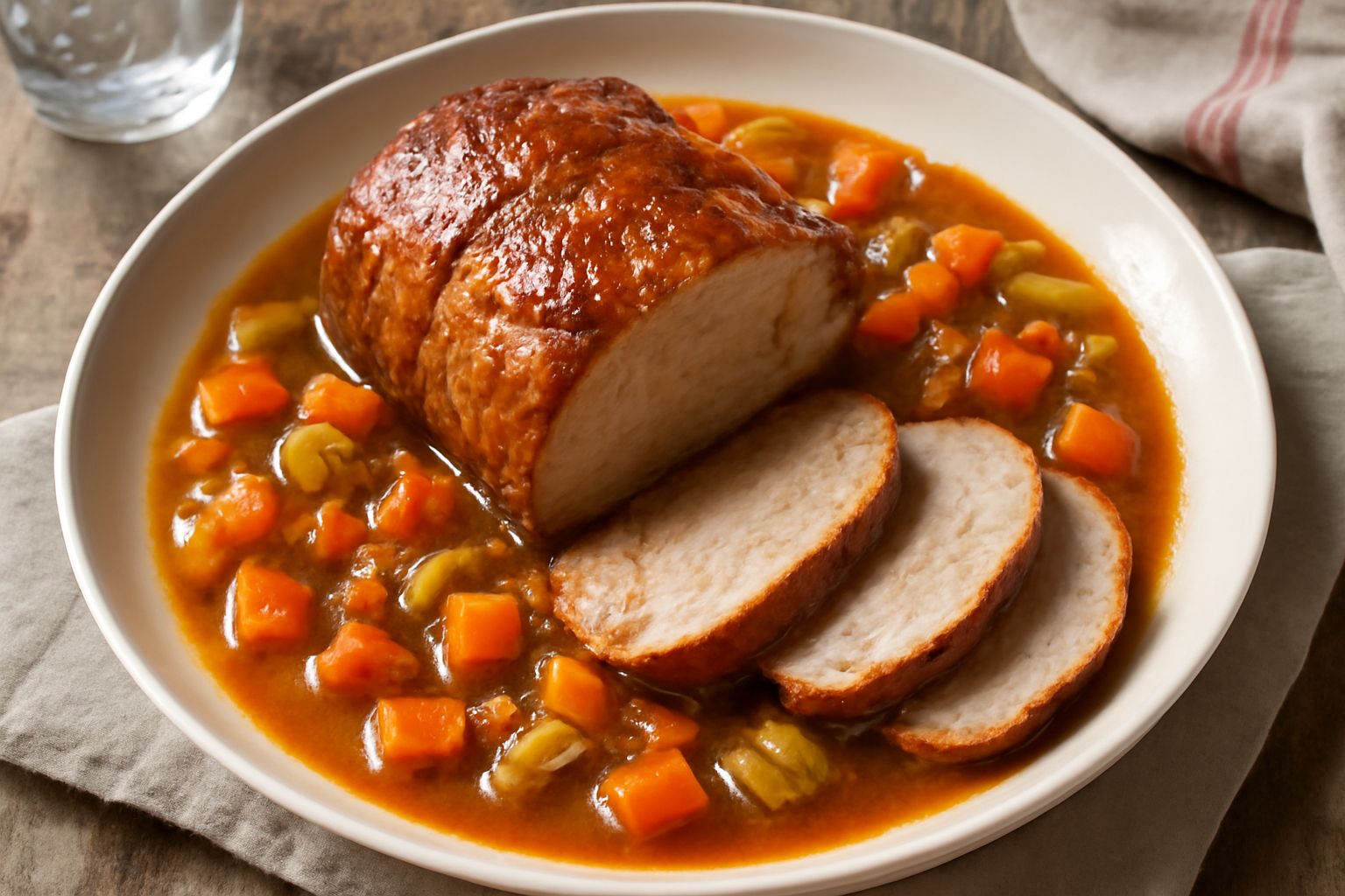 Fetta di arista di maiale cotta in umido su piatto bianco, con salsa marrone scura, contorno di carote e sedano affettati, accompagnata da cipolla caramellata e rosmarino fresco