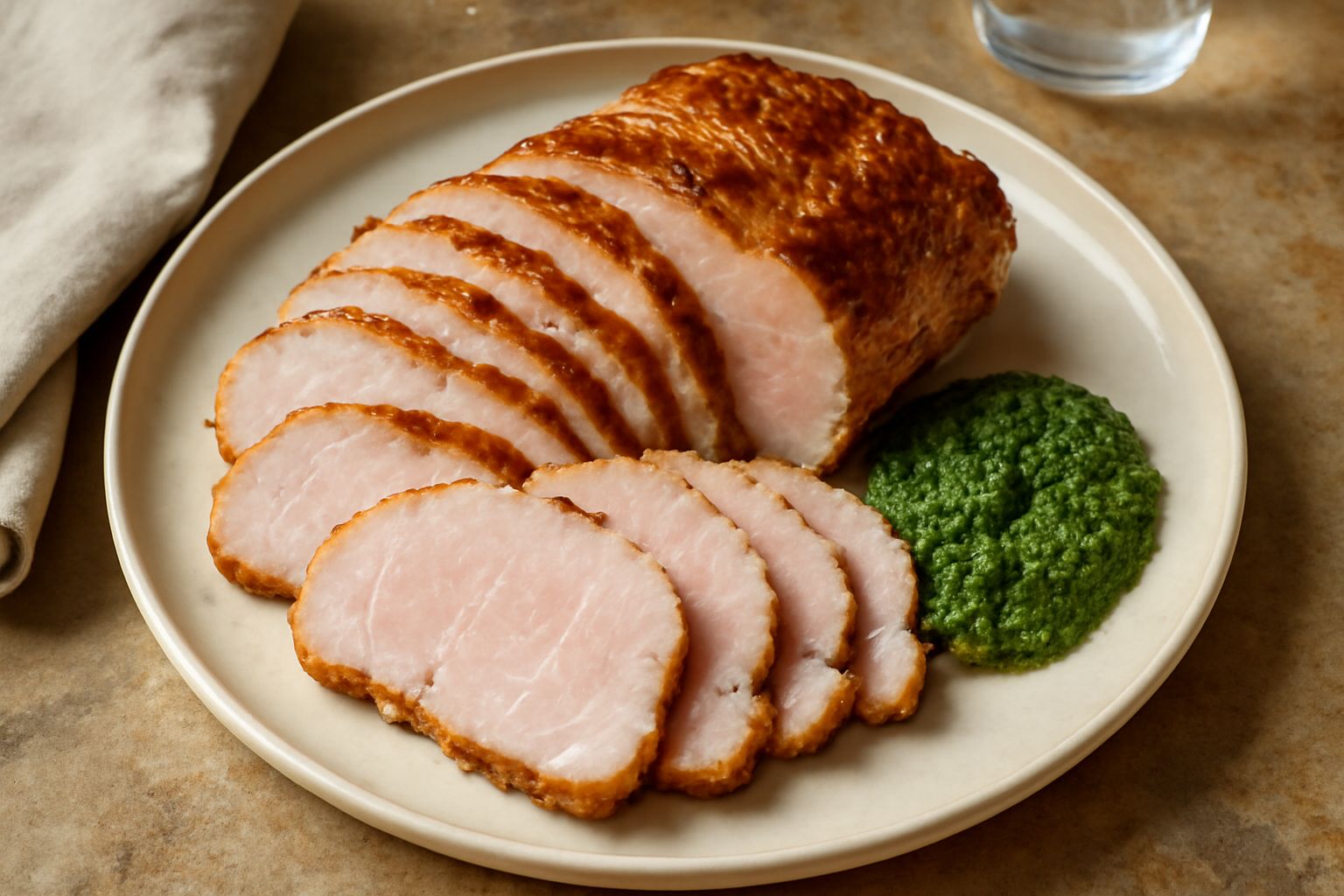 Arista di maiale affettata sottile disposta a ventaglio su un piatto bianco, con contorno di salsa verde e limone fresco, fette di pane tostato ai lati