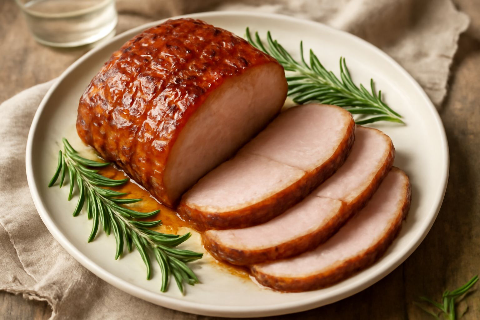 Arista friulana dorata e caramellata in superficie, tagliata a fette spesse che mostrano la carne rosa e succosa, circondata da rosmarino fresco e aglio, servita in un piatto bianco con contorno di pa