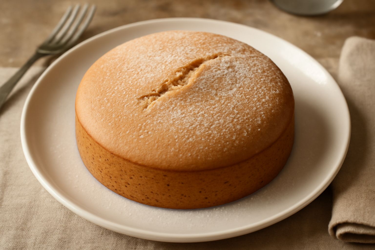Torta tonda con impasto beige scuro, superficie levigata, guarnita con polvere di cacao e un rametto di menta fresca, servita su piatto bianco, tagliere di legno sullo sfondo