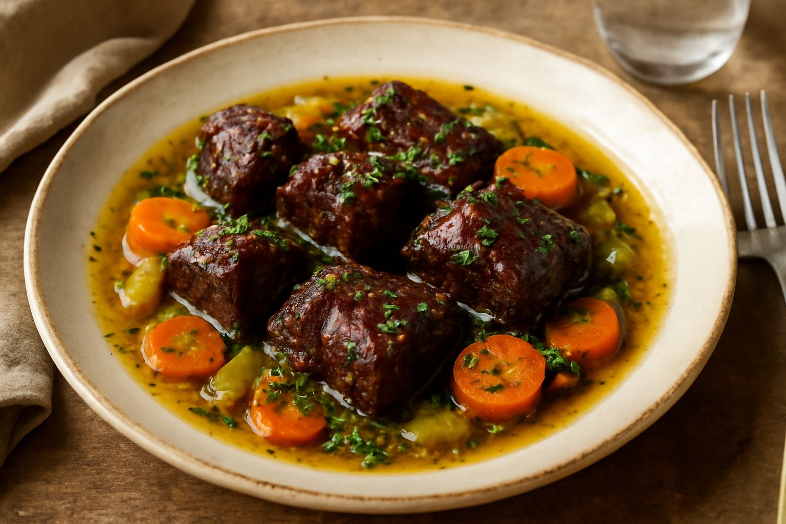 Piatto di ceramica bianca con pezzi di carne rosso-bruna in brodo ambrato, circondati da carote arancioni, sedano e cipolla morbida, con prezzemolo fresco tritato in superficie