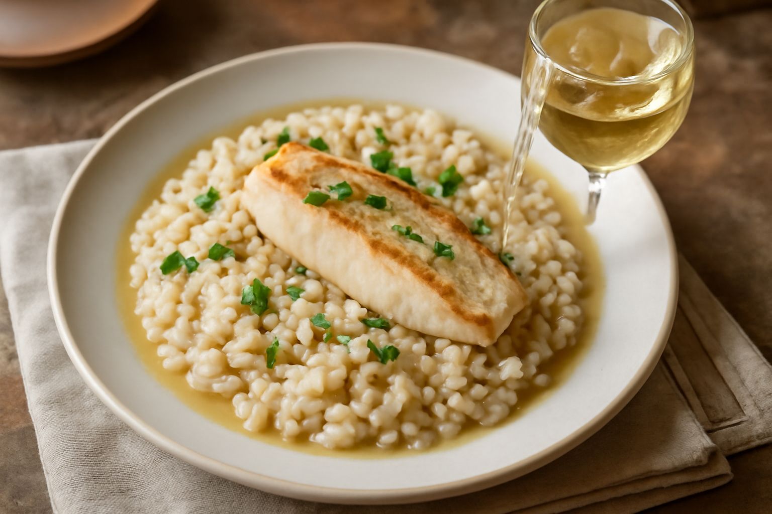 Bicchiere di vino bianco Arneis trasparente e luminoso su un tavolo di legno, accanto a filetti di pesce fresco e limone affettato