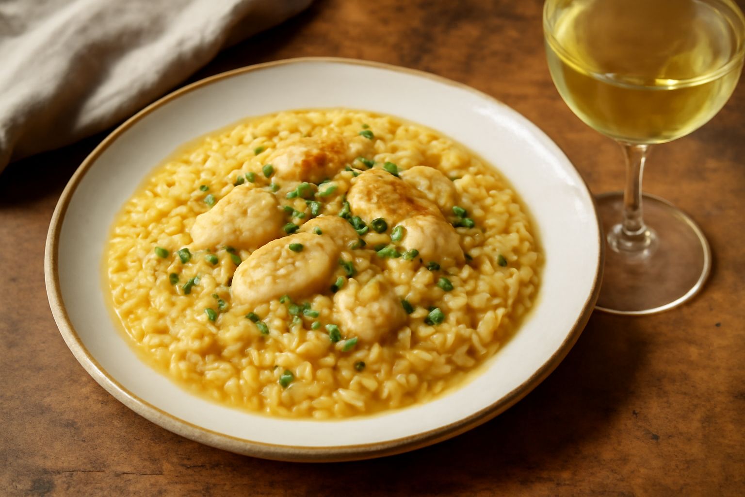 Bicchiere di vino bianco Arneis trasparente e luminoso su un tavolo di legno, accanto a filetti di pesce fresco e limone affettato