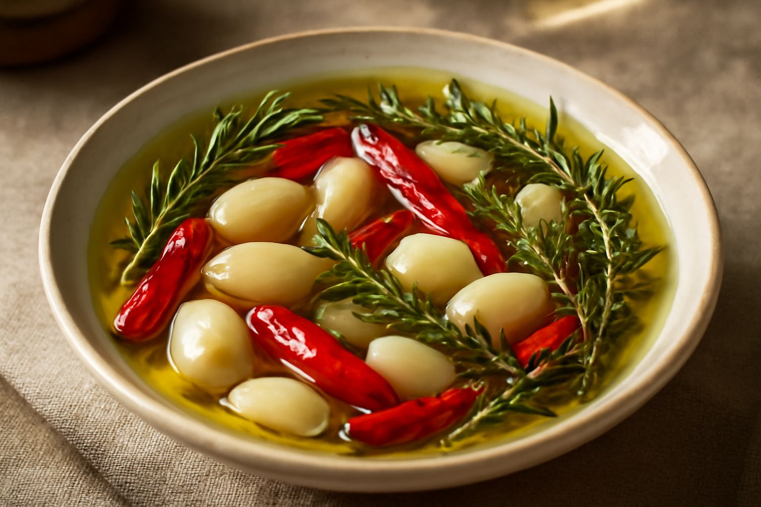 Tre vasetti di vetro con aromi sott'olio: uno con spicchi d'aglio bianco e peperoncini rossi, uno con rametti di rosmarino verde scuro in olio dorato, uno con mix di erbe. Sfondo bianco, luce naturale