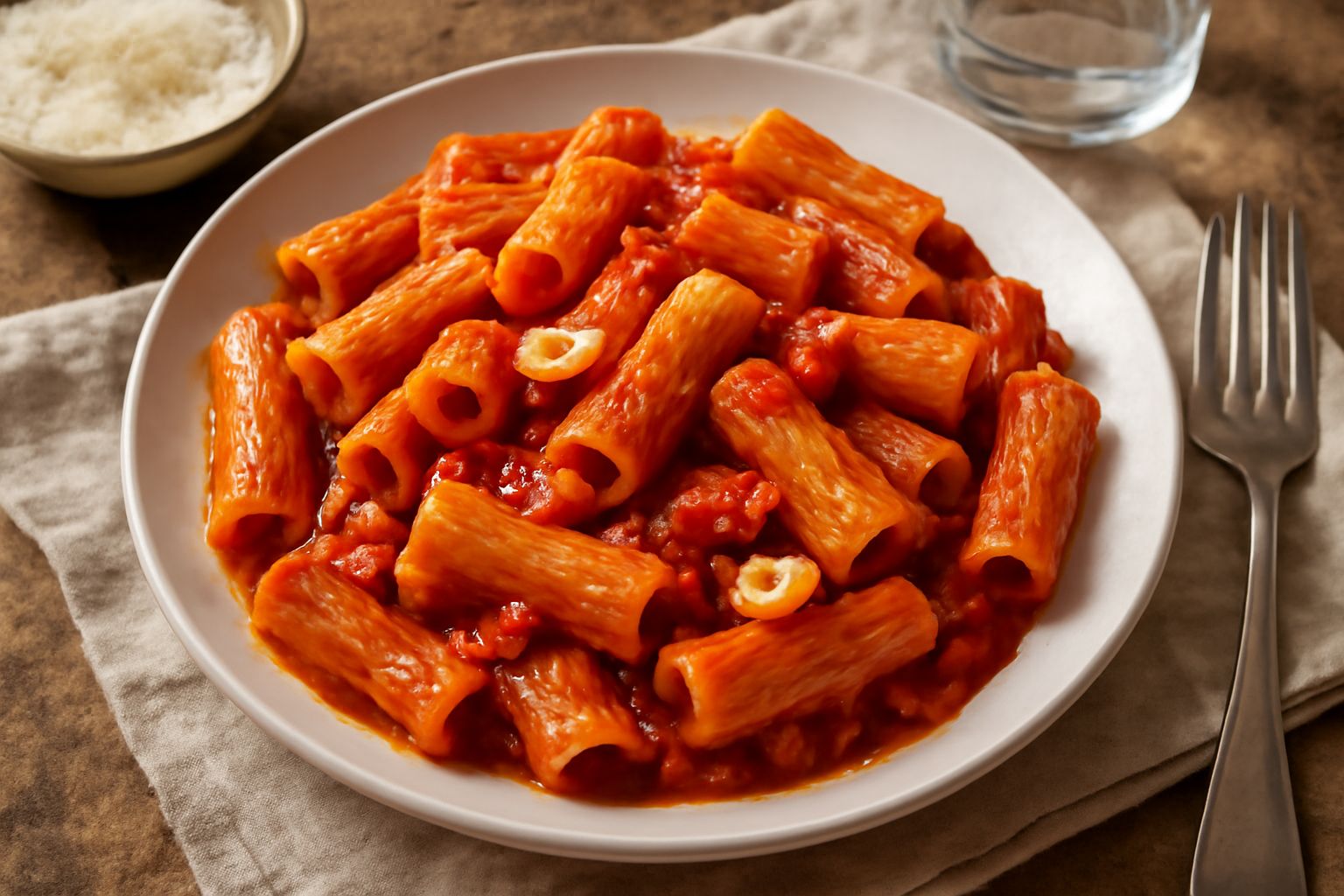 Piatto di pasta all'arrabbiata con rigatoni lucidi di olio e salsa rossa, peperoncini rossi interi e aglio dorato, guarnito con prezzemolo fresco, su piatto bianco
