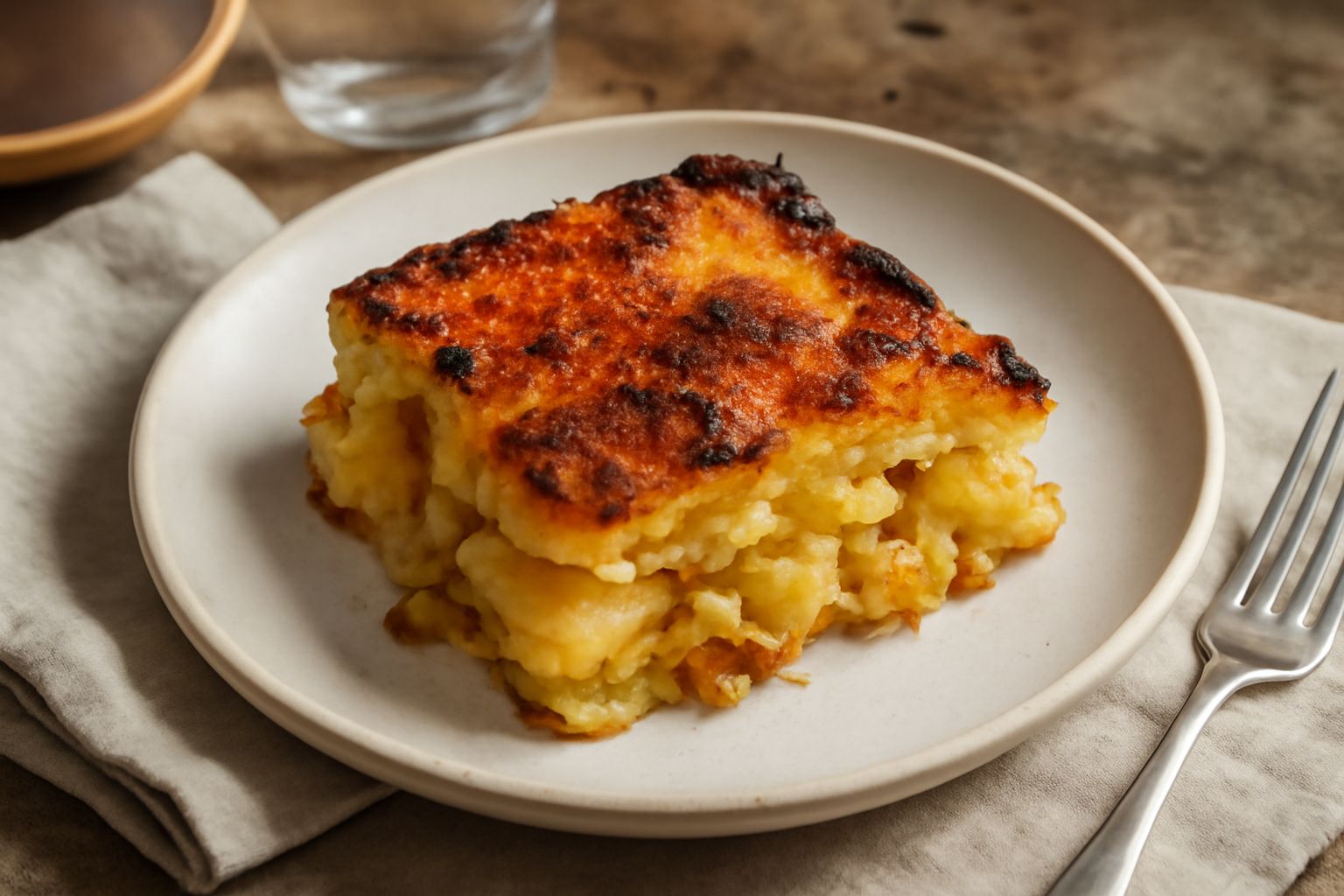 Arriminata di patate dorata e croccante in pirofila di ceramica, con patate affettate stratificate, formaggio sciolto a macchie dorate e cipolla caramellata visibile tra gli strati