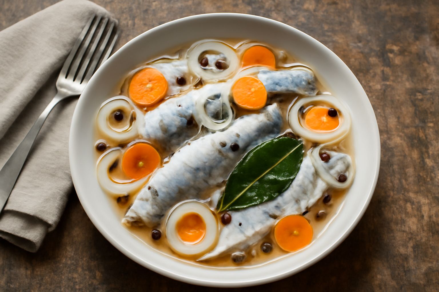 Arringhe marinate in un piatto bianco, filetti di pesce color argento copperti da marinata con fette sottili di cipolla rossa, carota arancione, grani di pepe nero e foglie di alloro, su tavolo di leg