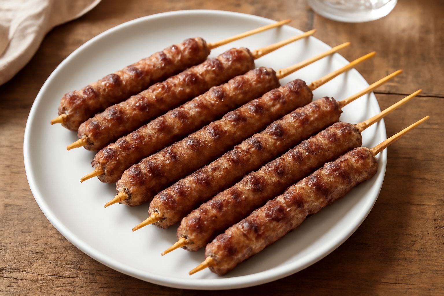 Arrosticinelli dorati e croccanti in fila su un piatto bianco, cotti alla griglia, con sfumature brunastre sulla superficie, accompagnati da limone fresco e prezzemolo