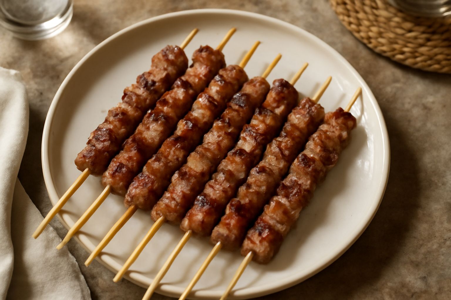 Arrosticini di agnello appena cotti su uno spiedino di legno, con la superficie dorata e caramellata, serviti in un piatto bianco con contorno di limone fresco e sale grosso