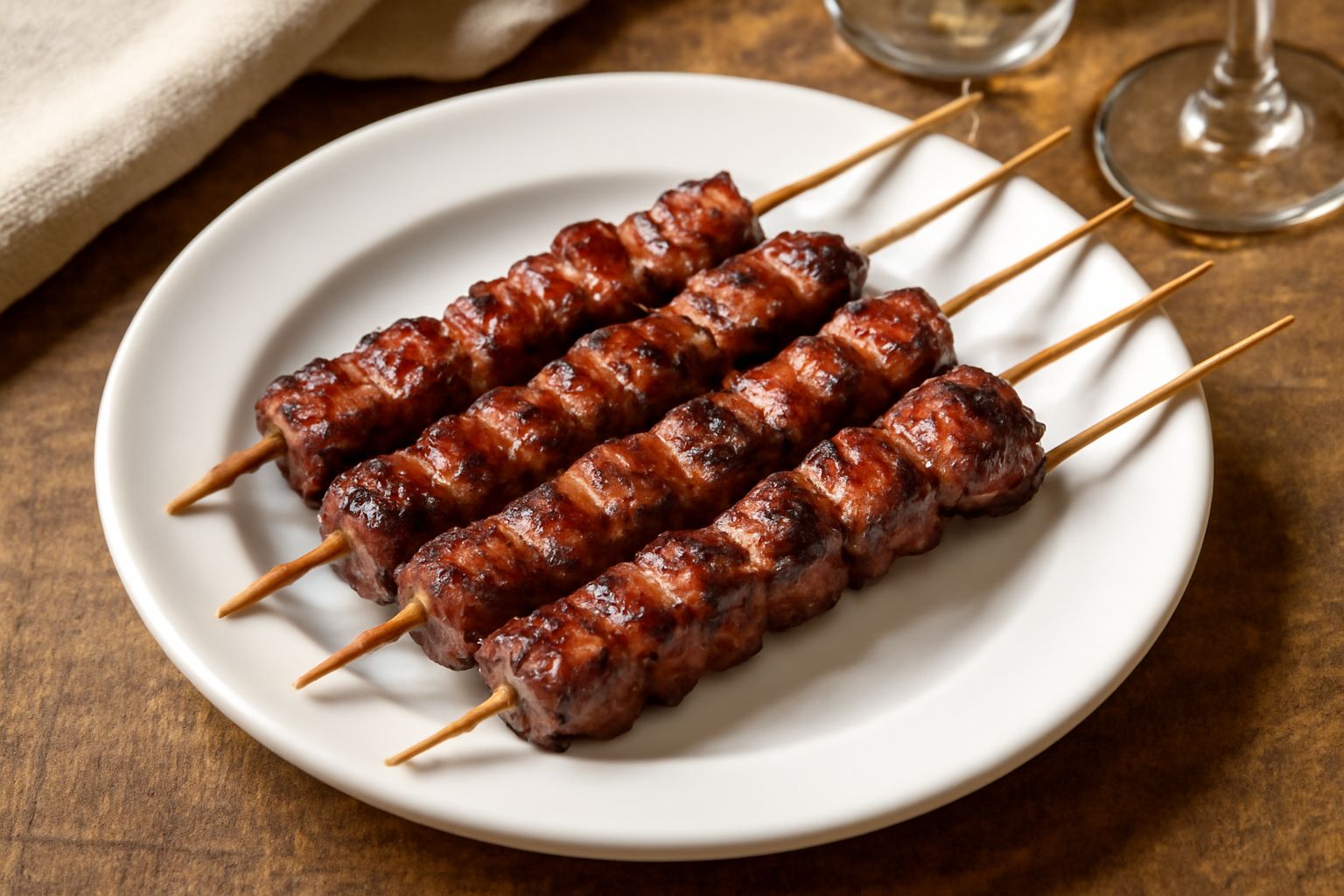 Una dozzina di arrosticini di capra appena cotti su piastra, dai colori marroni e dorati con tracce di carbonizzazione, guarniti con fette di limone e rosmarino fresco, accanto a pane tostato